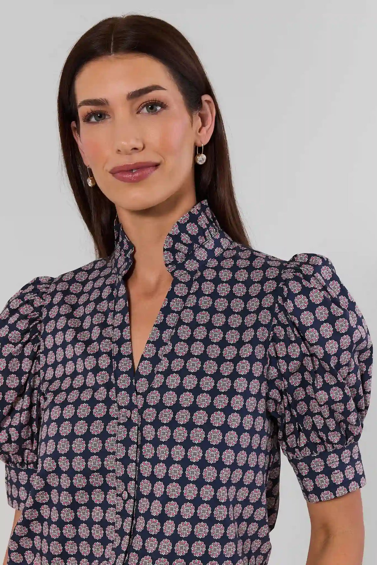 Daphne Navy Printed Button-Up Top - Close-Up Detail, Geometric Print & Puff Sleeve | Avara