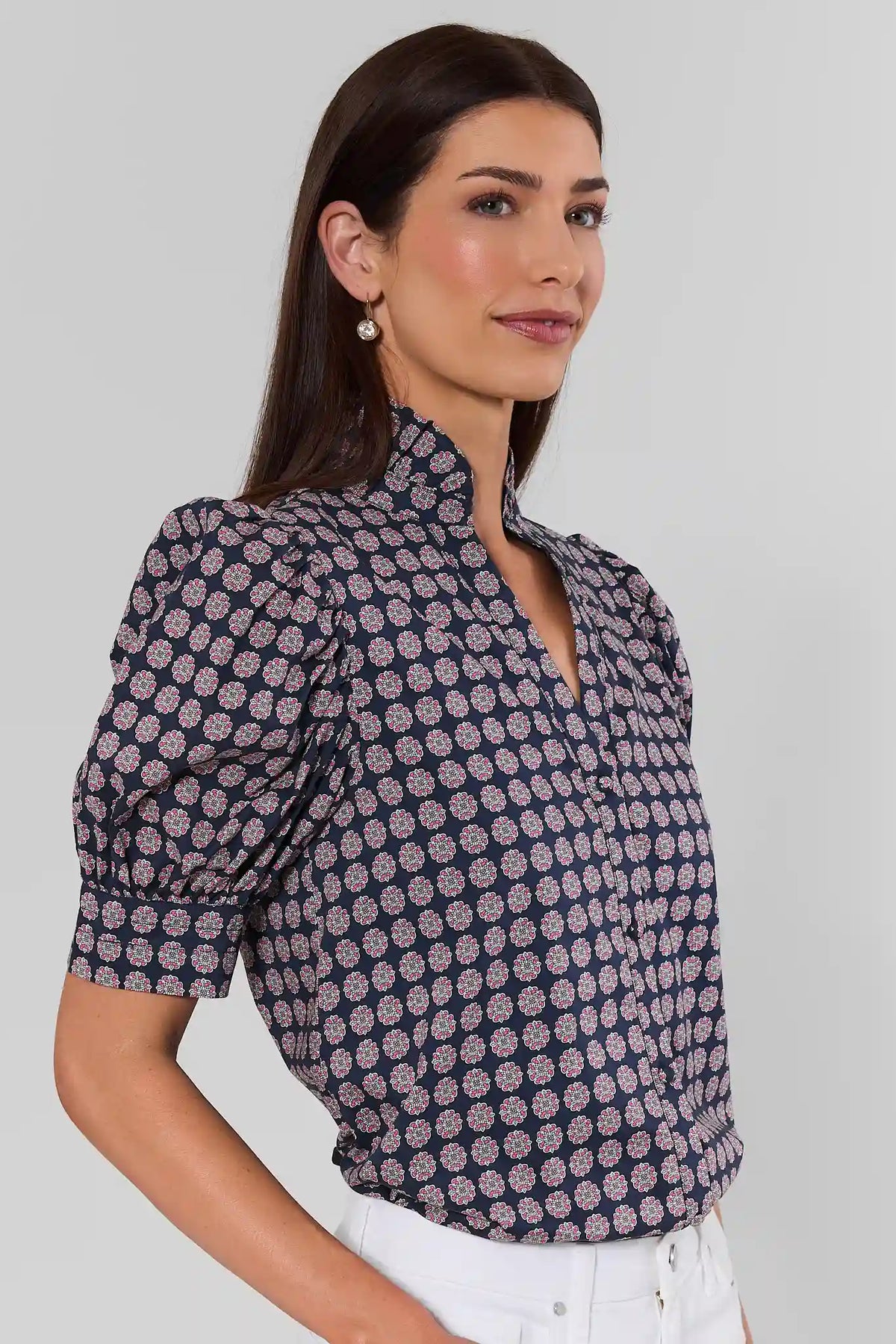 Daphne Navy Geometric Print Button-Up Top - Side View with White Jeans | Avara