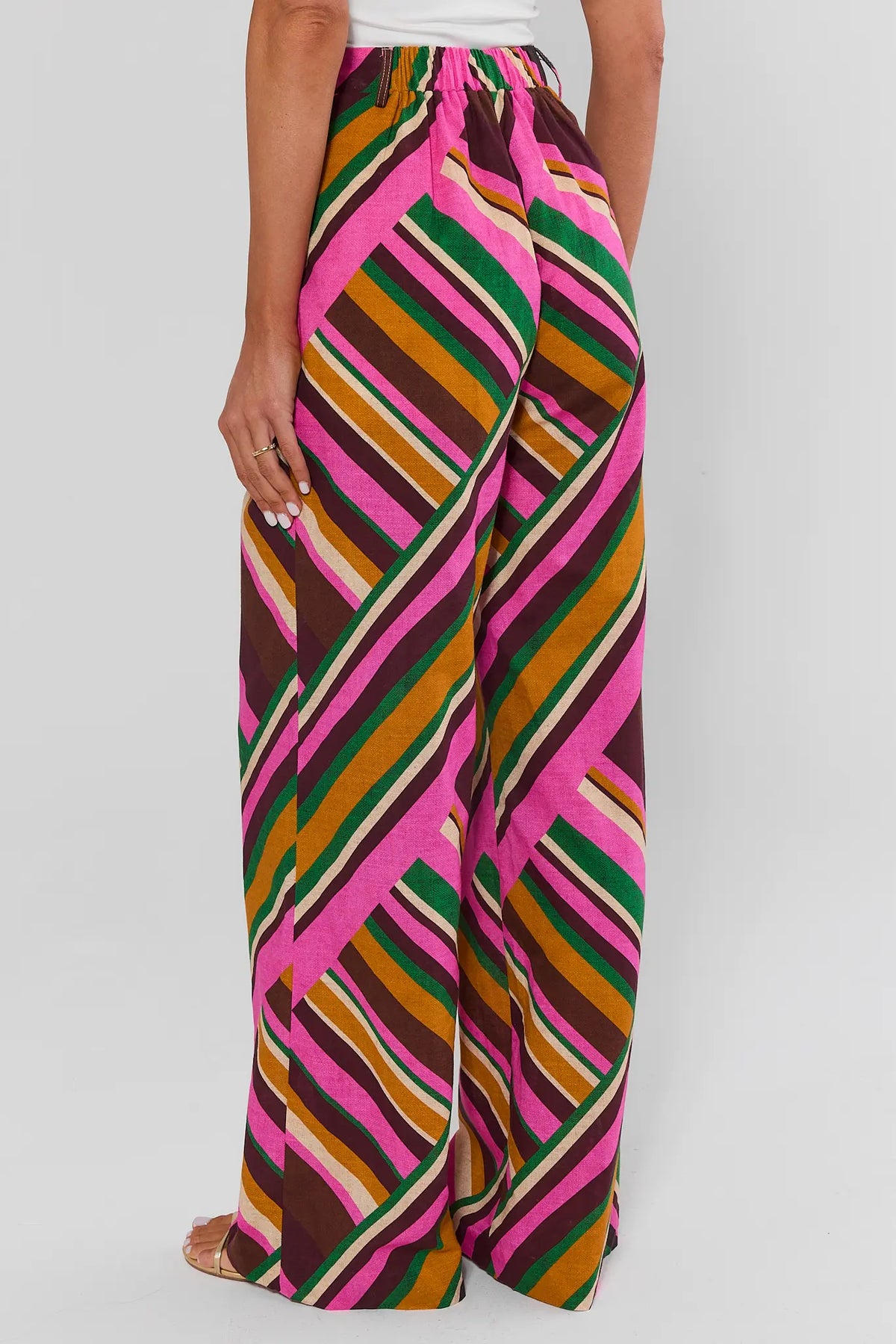 Woman turned wearing Gabby Multi Striped Wide Leg Pants on a white background