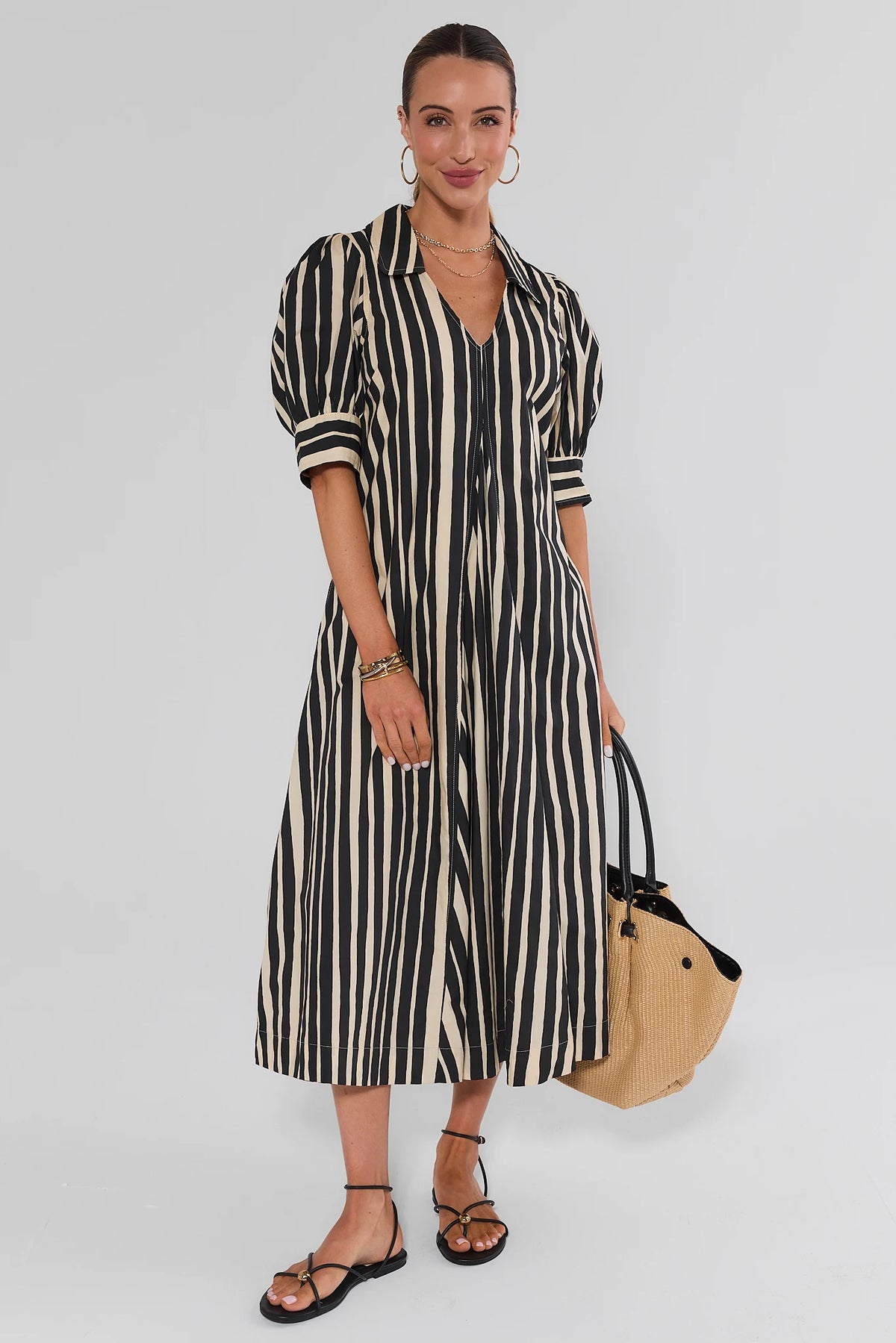 Isla Black Striped Puff Sleeve Midi Dress full-length front view, cream and black vertical stripe, studio | Avara