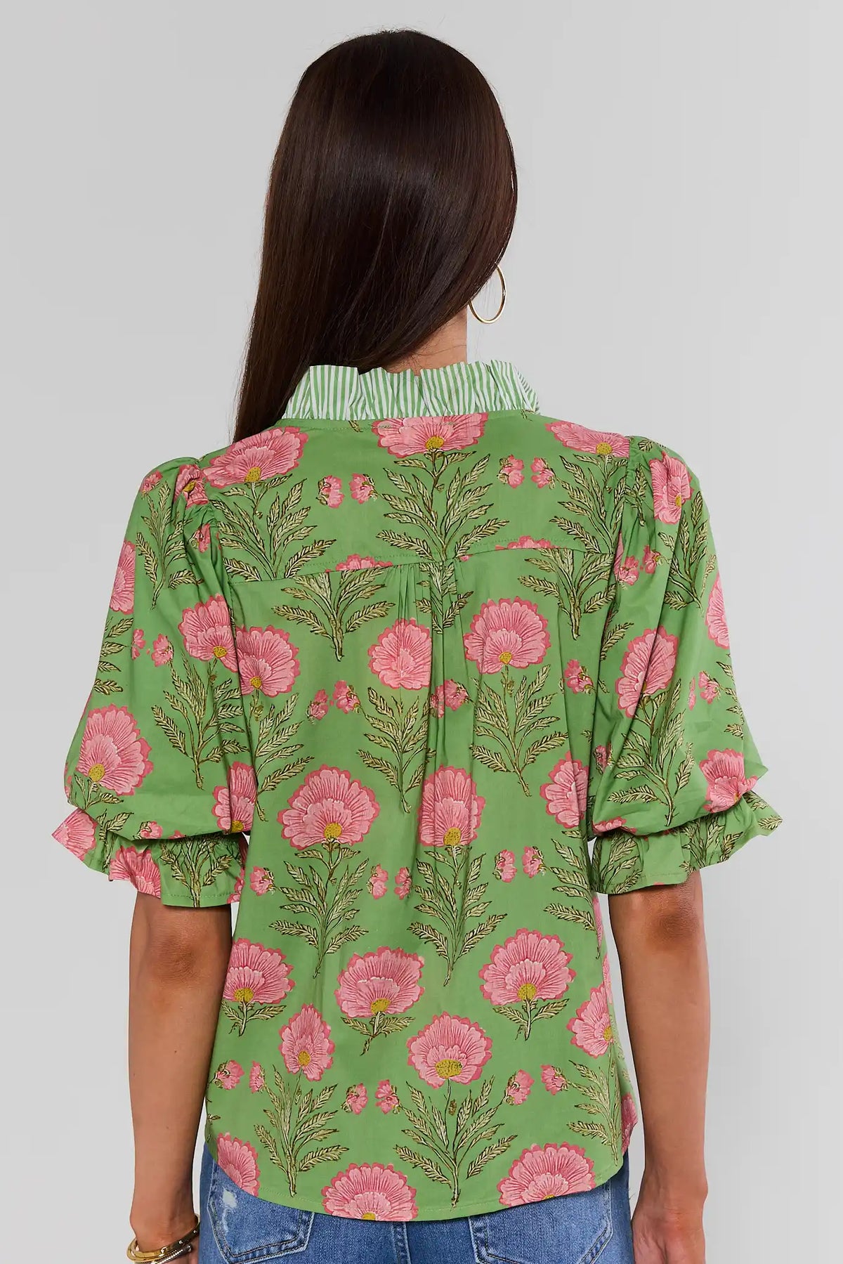 Green Pink Floral Print Contrast Trim Top - Back View Showing Puff Sleeves and Striped Collar | Avara