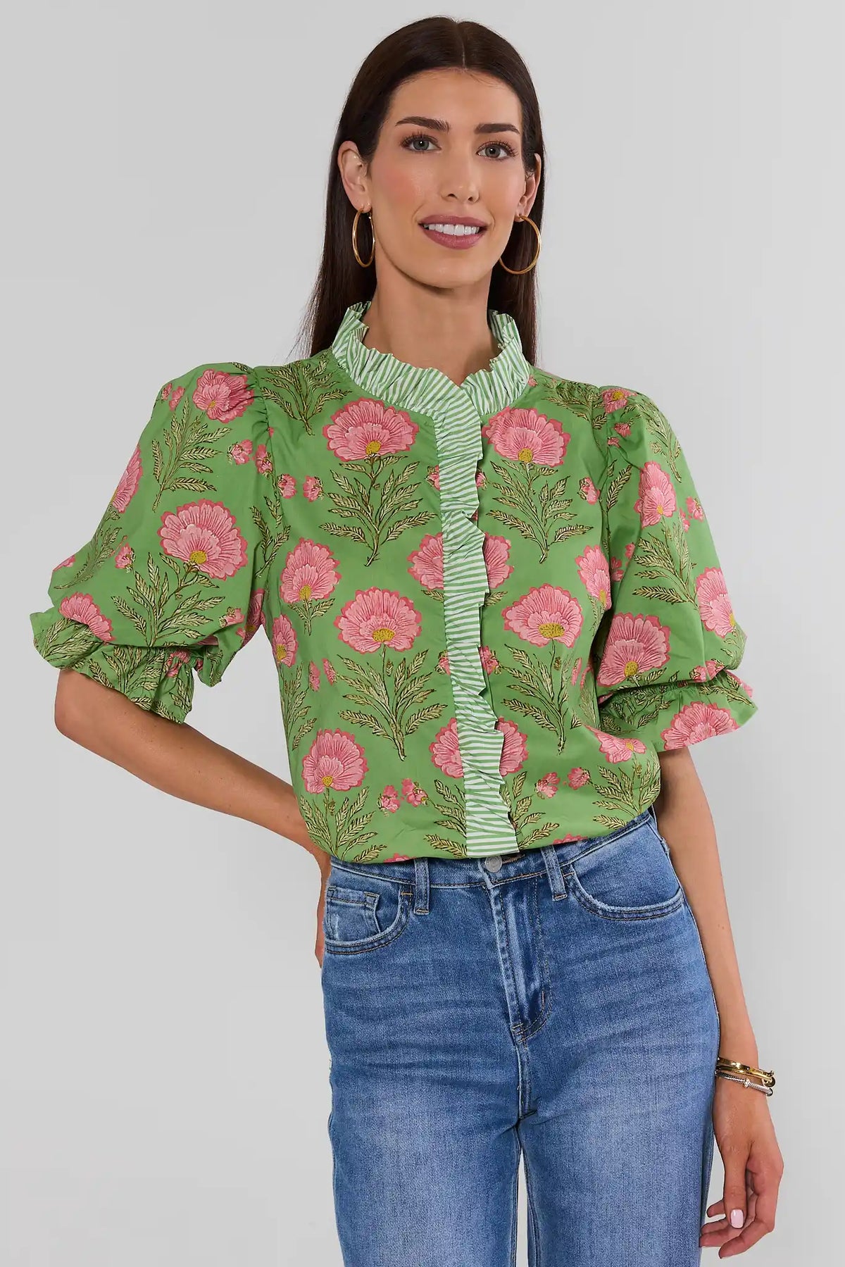 Green Pink Floral Print Contrast Trim Top with Puff Sleeves - Front View on Model with Jeans | Avara