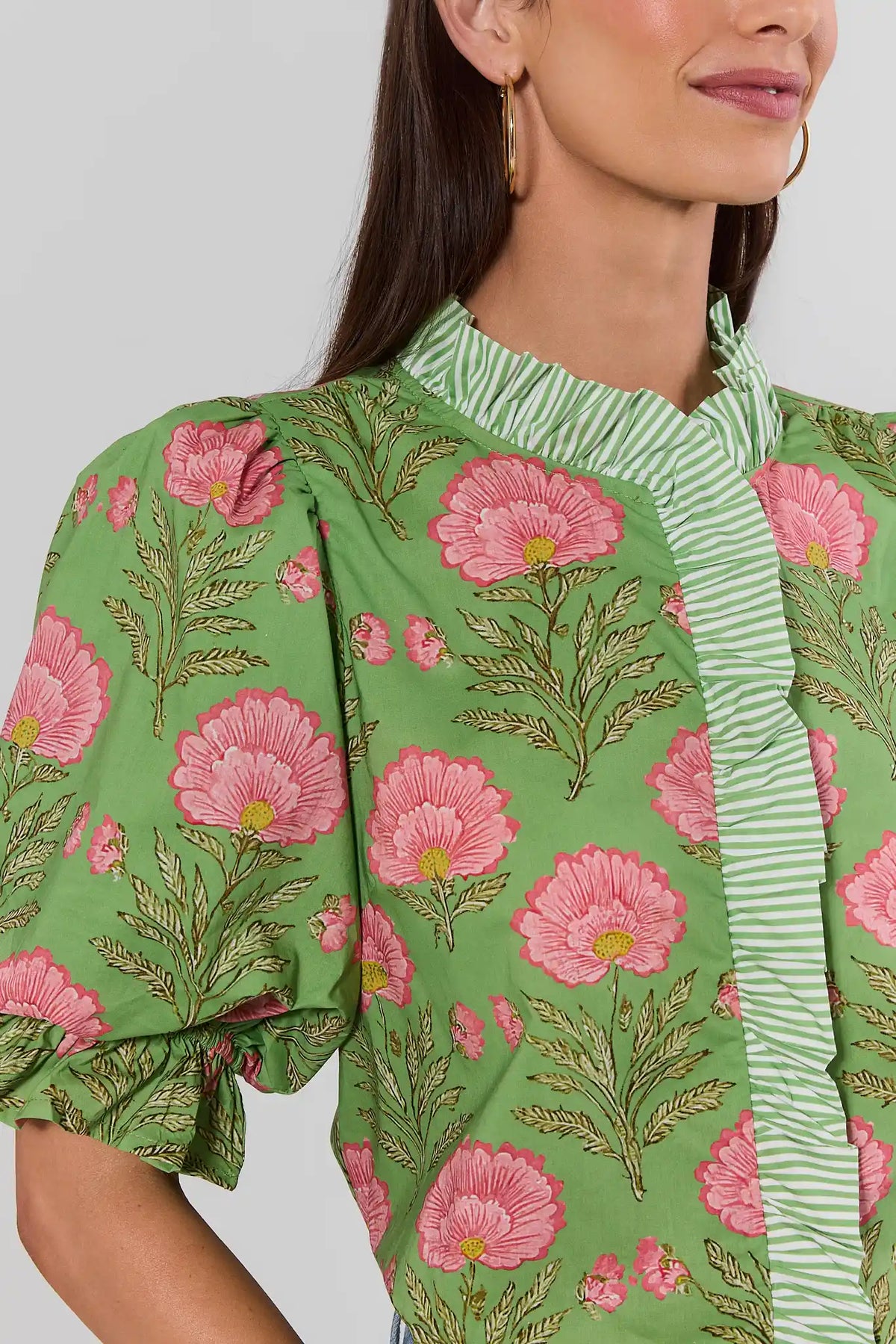 Green Floral Print Contrast Trim Top - Close-Up of Striped Ruffle Neckline and Puff Sleeve Detail | Avara