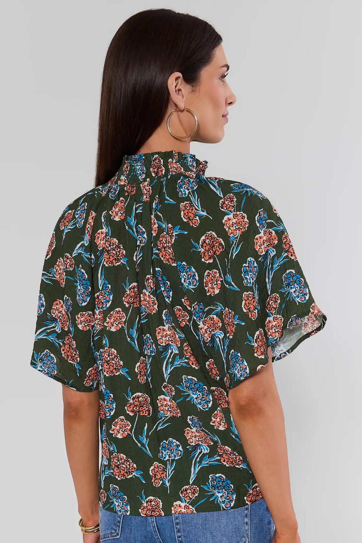 Macey Forest Green Floral Top by THML - Back View, Smocked Neckline & Allover Floral Print | Avara