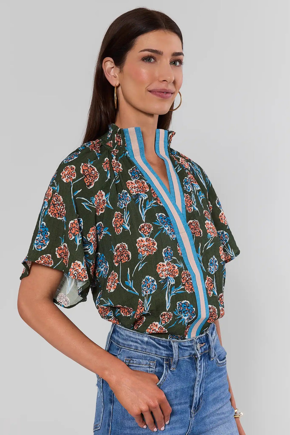 Macey Forest Green Floral Top by THML - Side View, Flutter Sleeve Floral Women's Top with Denim | Avara