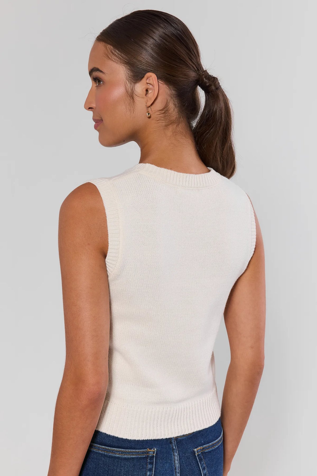 AJ White Football Sleeveless Knit Top back view showing cream knit texture, ribbed neckline and hem | Avara