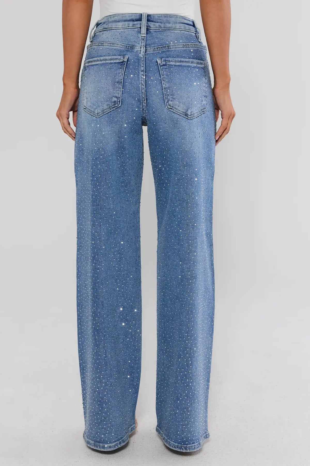 Blue Carrie Rhinestone Wide Leg Jeans - Back View, allover rhinestone detail on back pockets and legs | Avara