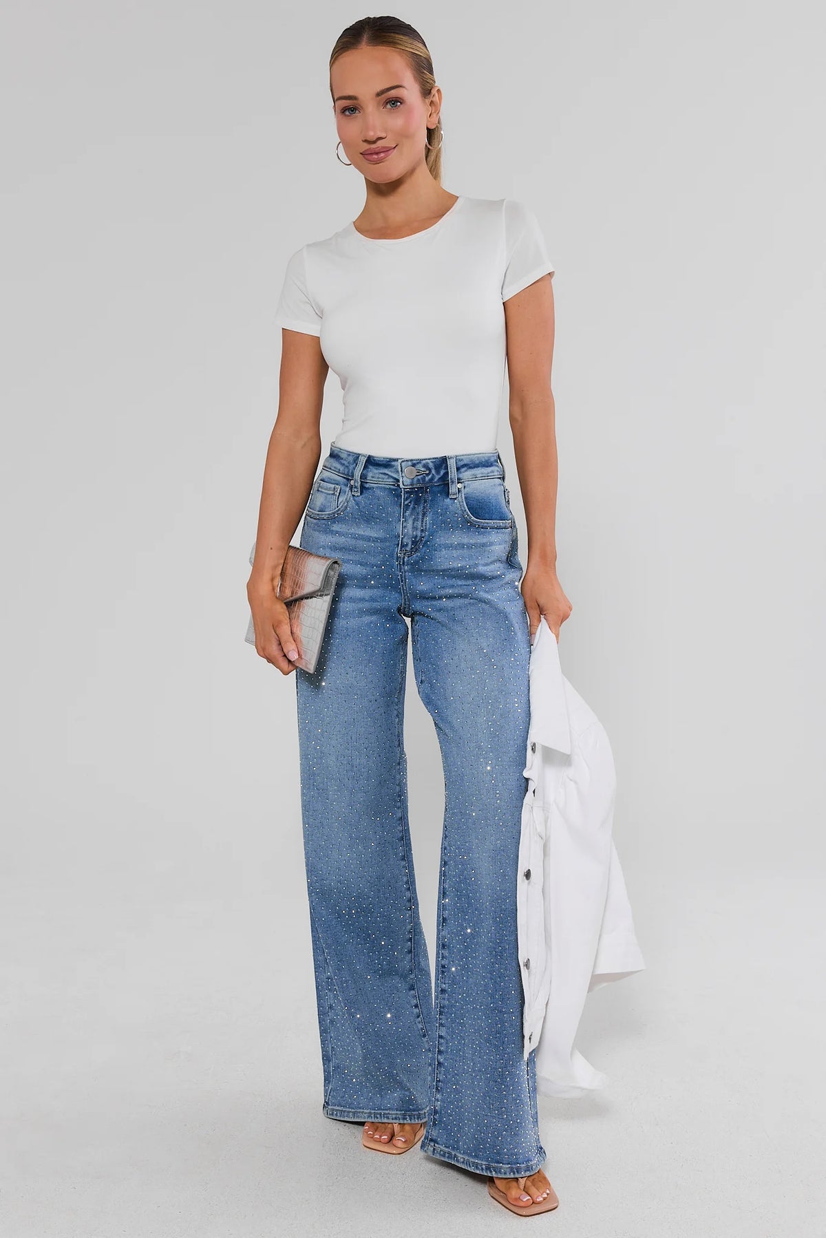 Woman in white tee and Carrie Rhinestone Wide Leg Jeans - Full Styled Look, Front View | Avara