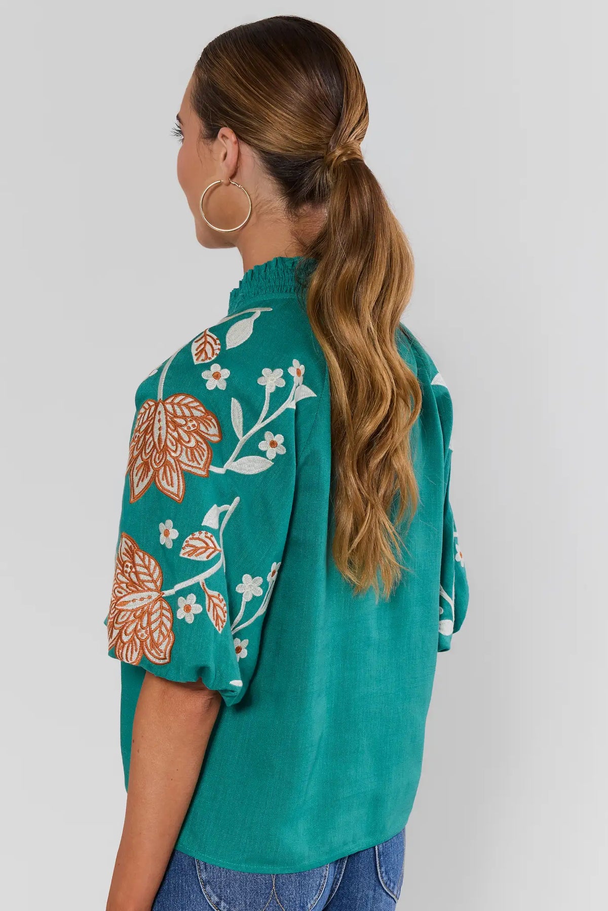 Emmett Green Floral Embroidered Top by THML - Back View, Puff Sleeve Embroidery Detail | Avara