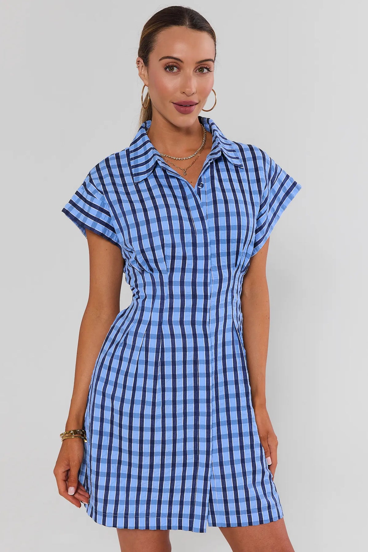 Blue Gingham Collared Short Dress by THML - Front View, Pointed Collar & Cap Sleeves | Avara