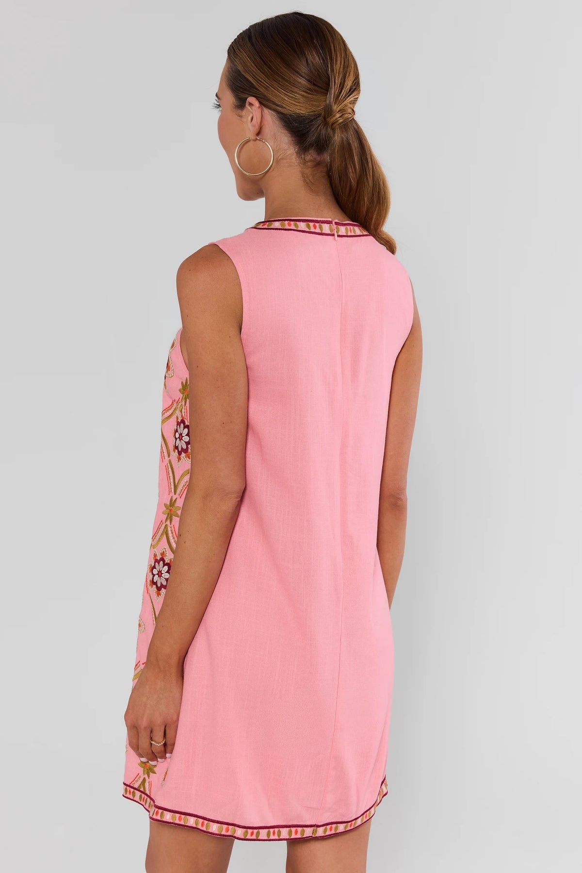 Pink Embroidered Shift Dress by THML - Back View Showing Clean Pink Linen Back | Avara