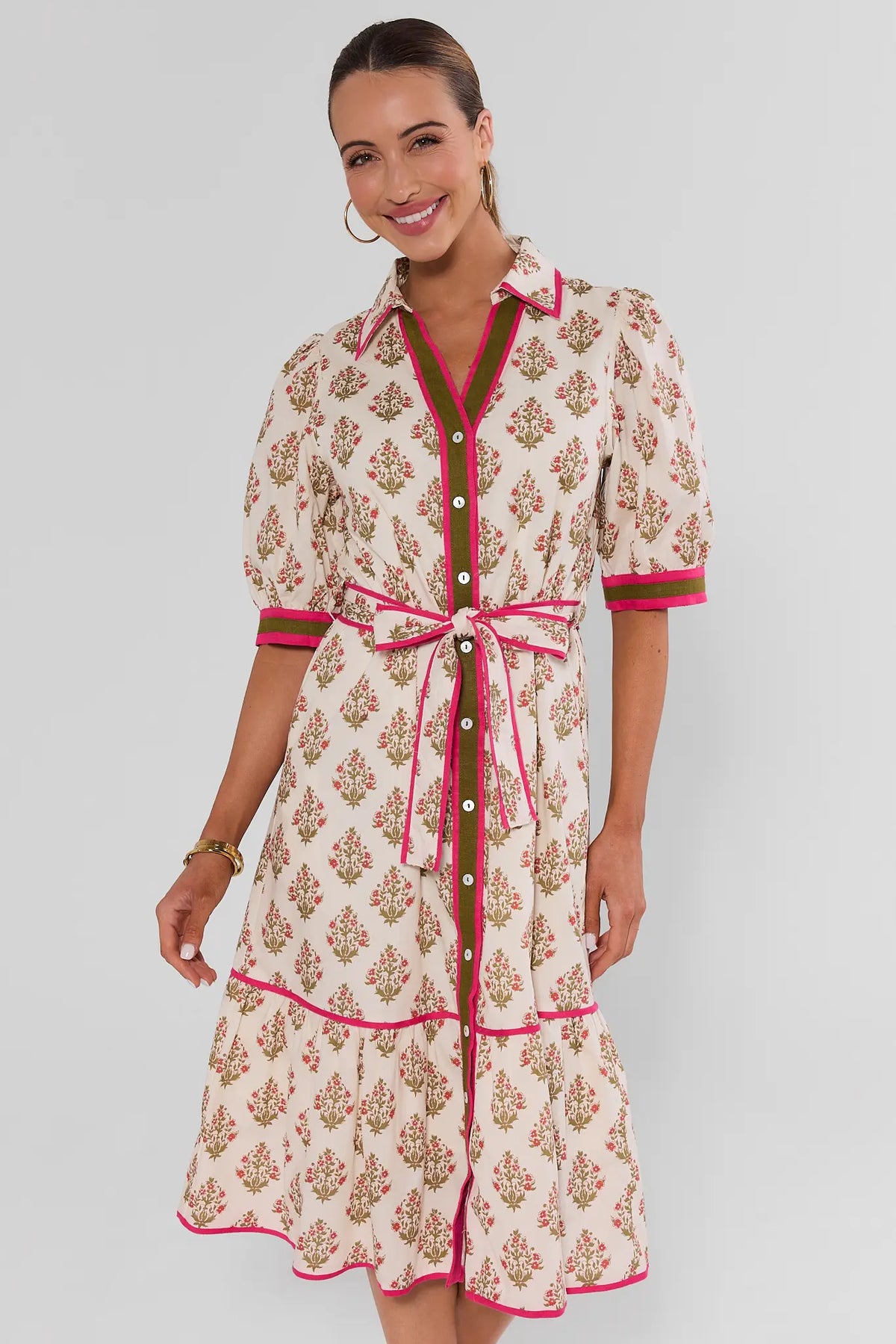 Woman wearing White Floral Button Up Midi Dress by THML - Front View, modest midi length with pink contrast trim | Avara