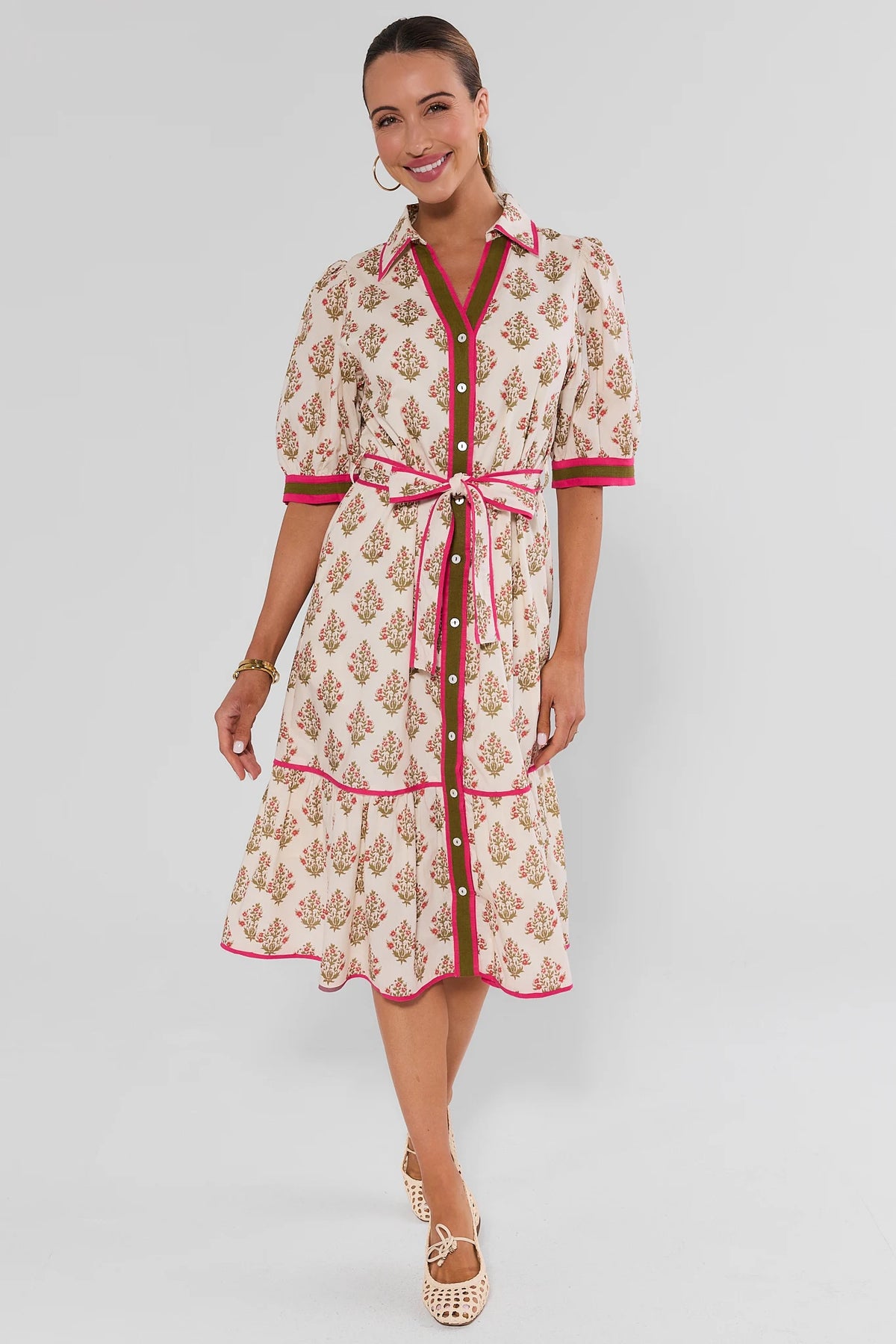 Woman wearing White Floral Button Up Midi Dress by THML - Full Length Front View, tiered skirt with ballet flats | Avara