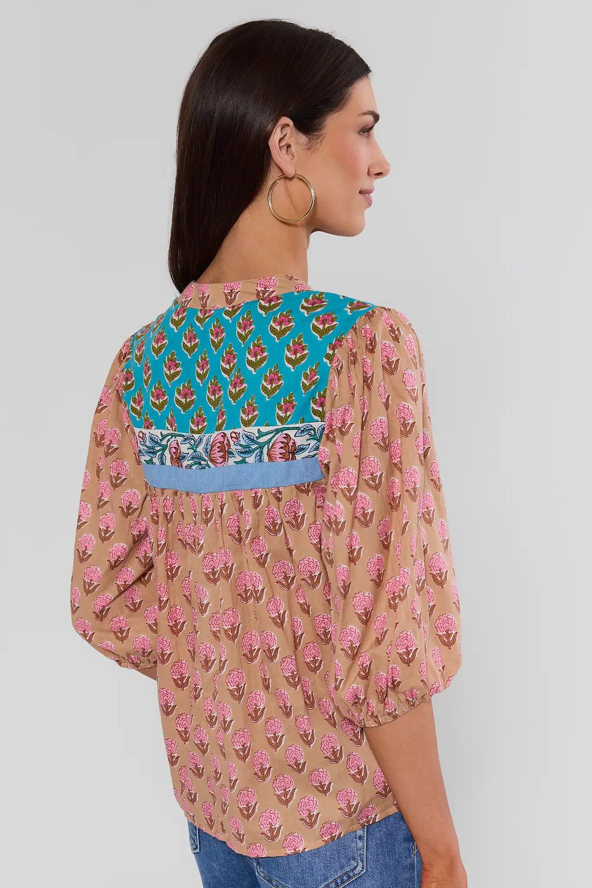 Multi Printed Split Neck Top by THML - Pink Floral Mixed Print, Back View On Model | Avara