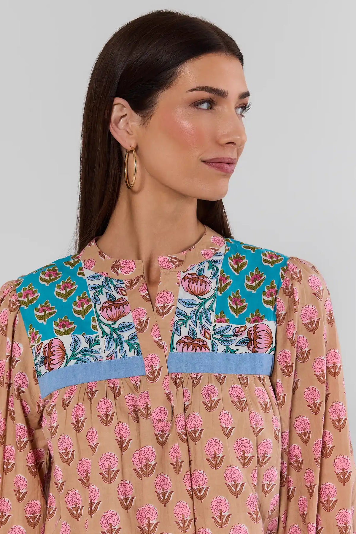 Multi Printed Split Neck Top by THML - Teal & Pink Patchwork Split Neckline Close-Up Detail | Avara