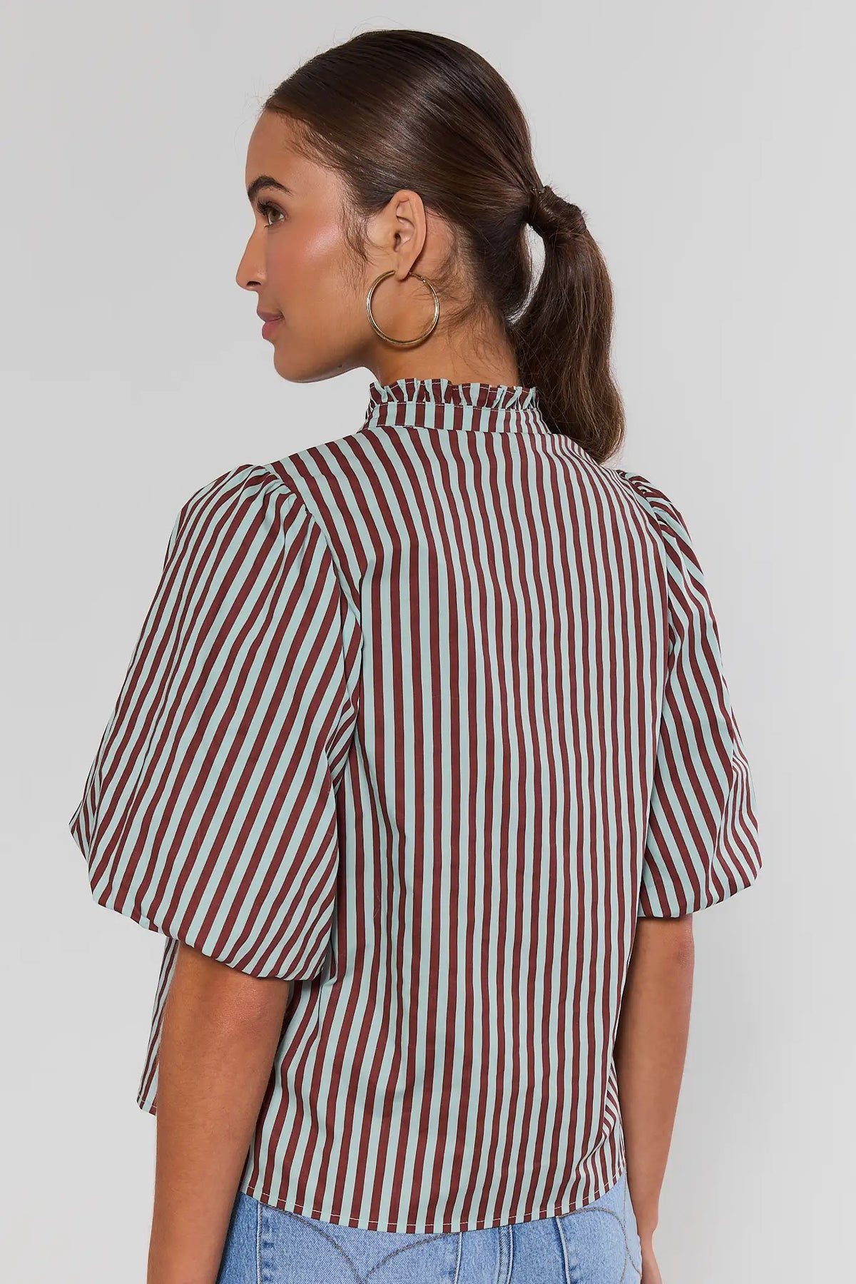 Brown & mint stripe THML button-up top showing ruffle collar and puff sleeve detail - Back View | Avara