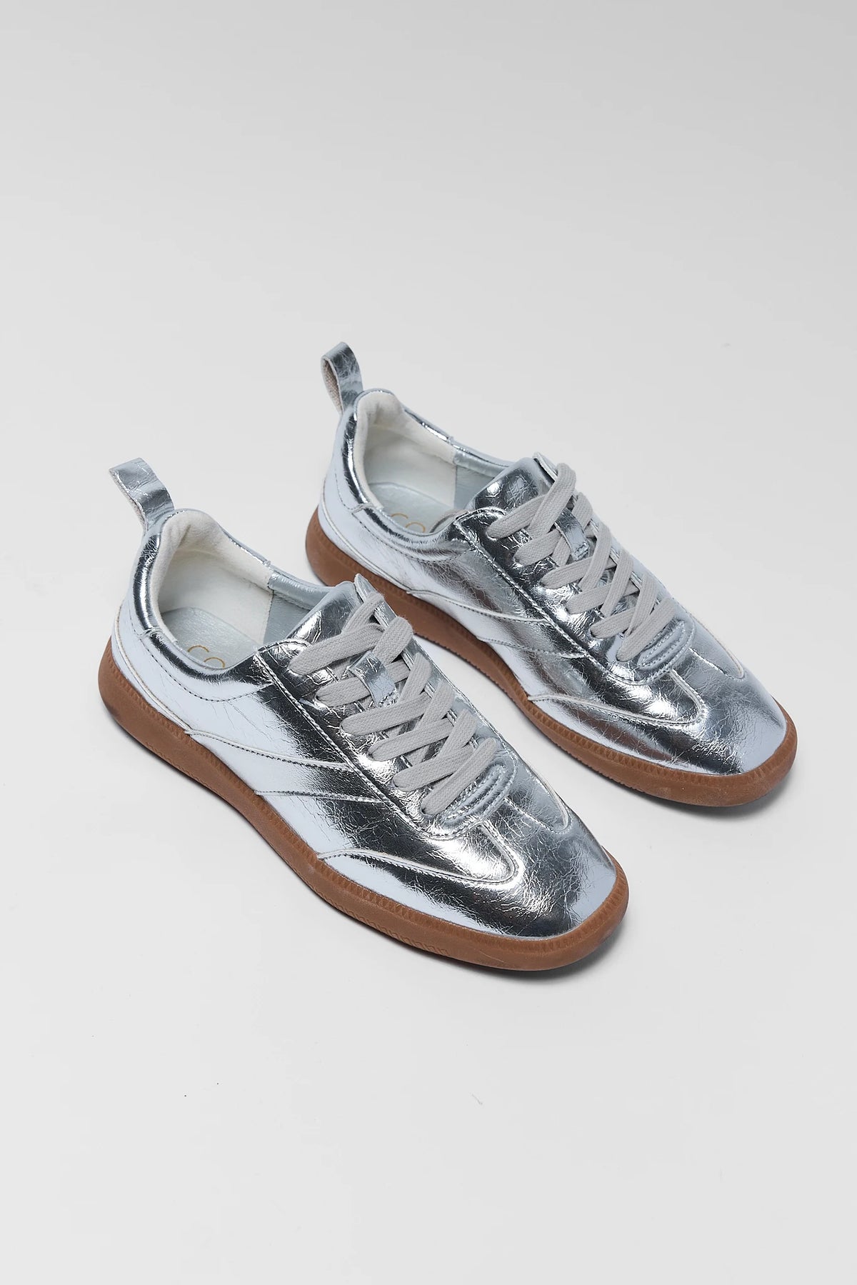 Winona Silver Metallic Sneakers by Matisse - Pair Flat Lay, Angled Top View, Gum Sole | Avara