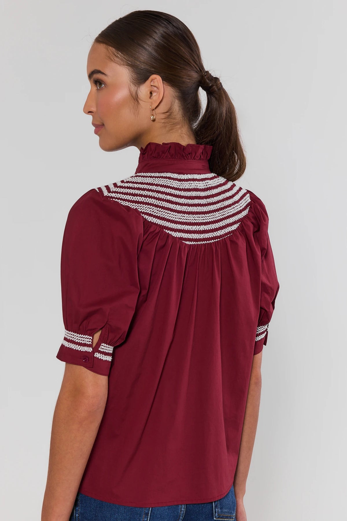 Yvonne Burgundy and White Embroidered Top - Back Three-Quarter View with Ruffle Collar | Avara