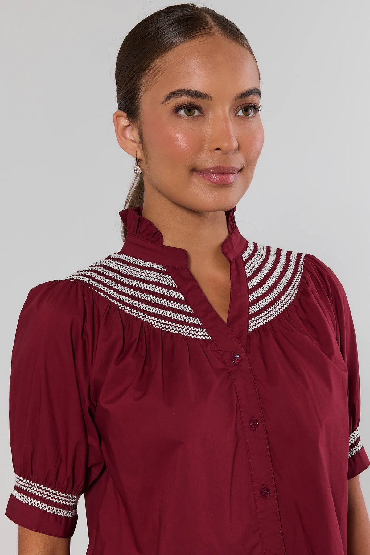 Yvonne Burgundy and White Embroidered Top - Close-Up Neckline and Yoke Detail | Avara