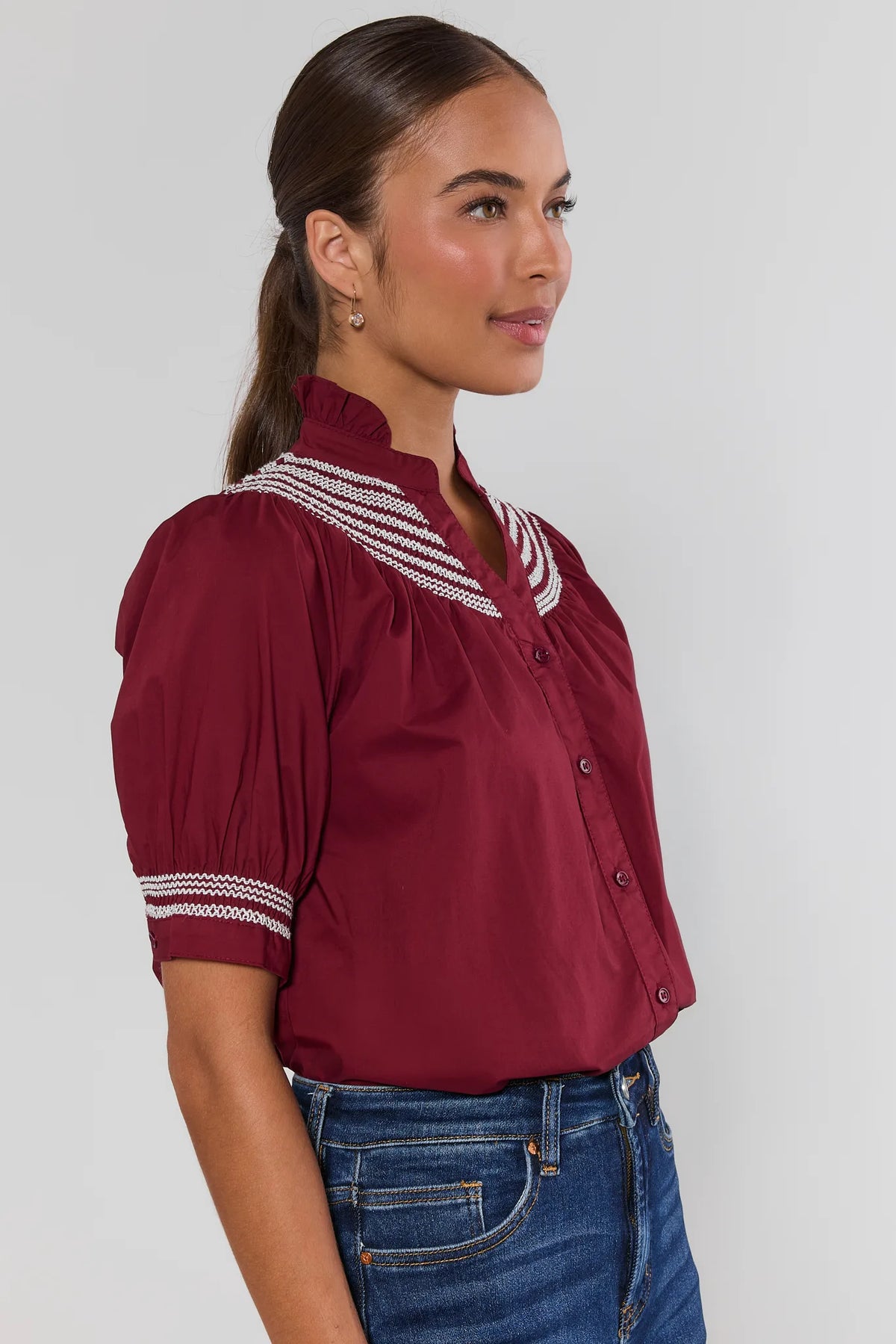 Yvonne Burgundy and White Embroidered Top - Back View Showing Embroidered Yoke Detail | Avara