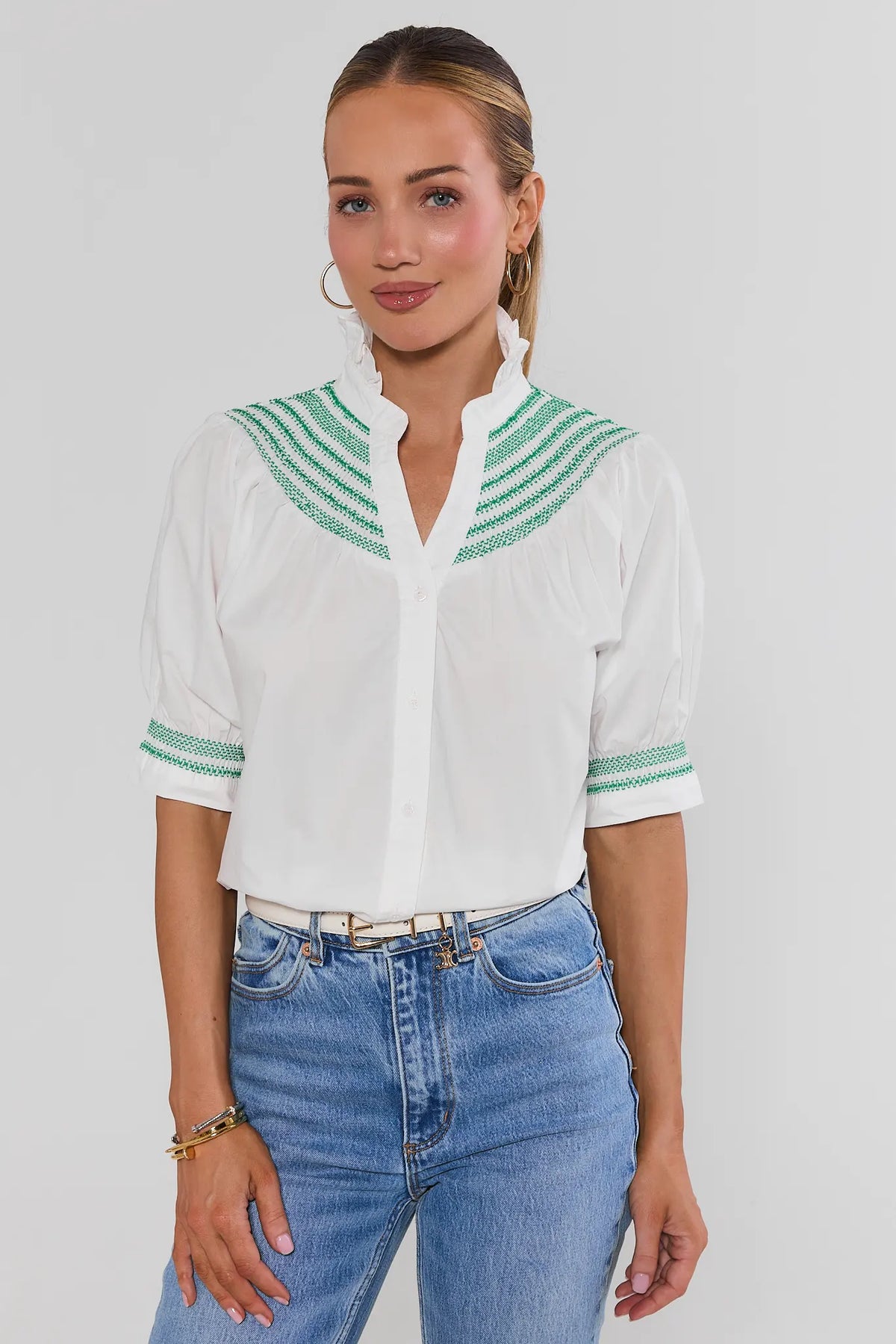 Yvonne White and Green Embroidered Top - Front View, styled with jeans, cute top for women | Avara