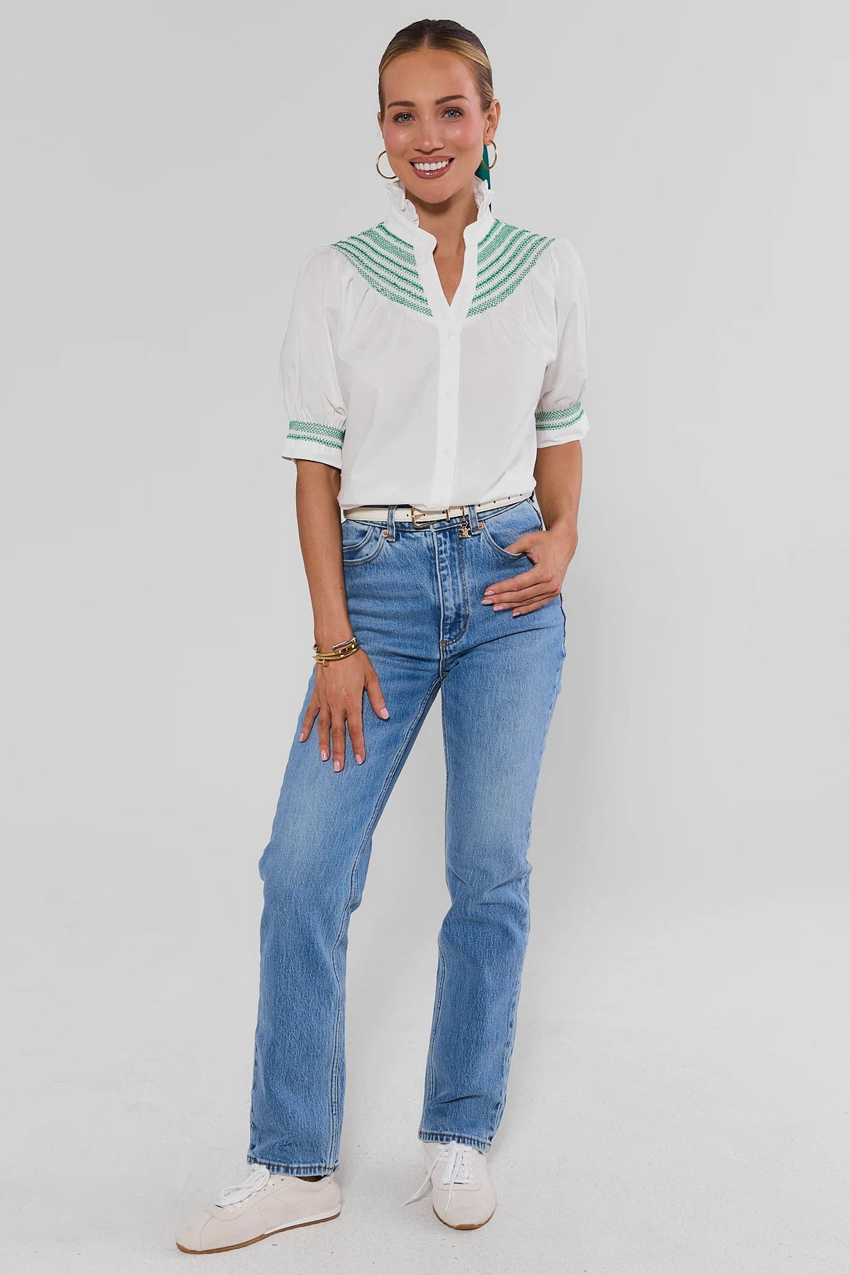 Yvonne White and Green Embroidered Top with jeans and sneakers - Full Length Front View | Avara