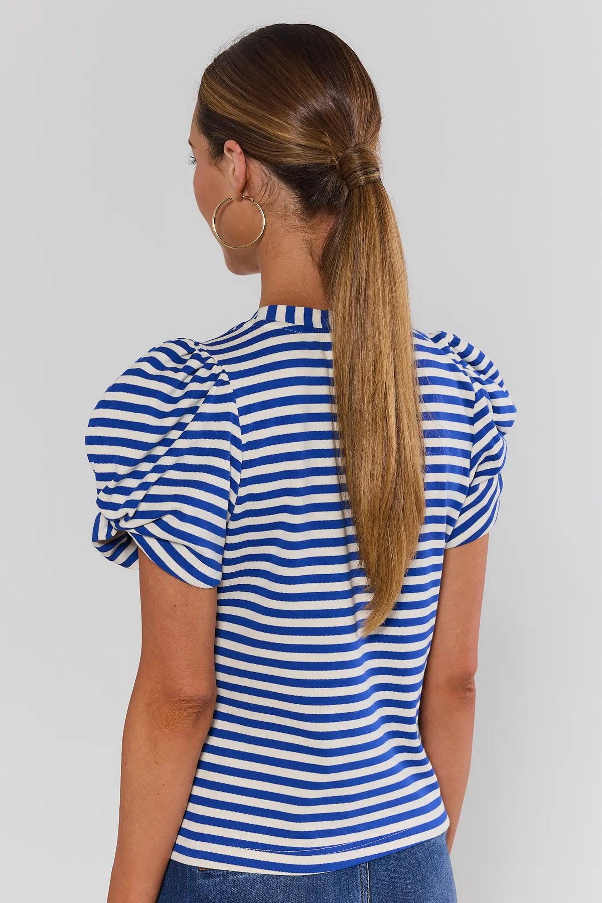 Blue Striped Puff Sleeve Crewneck Tee - Back View showing puff sleeve detail | Avara
