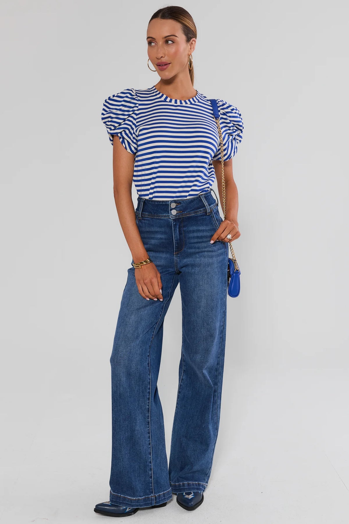 Blue Striped Puff Sleeve Tee - Full-Length Styled Look with wide-leg jeans | Avara