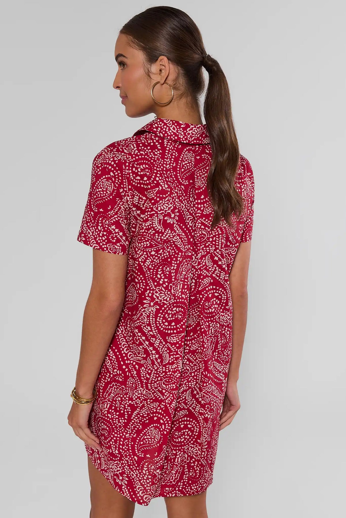 Tia Red Paisley Printed Collared Short Dress, back view showing collar and short sleeve detail | Avara