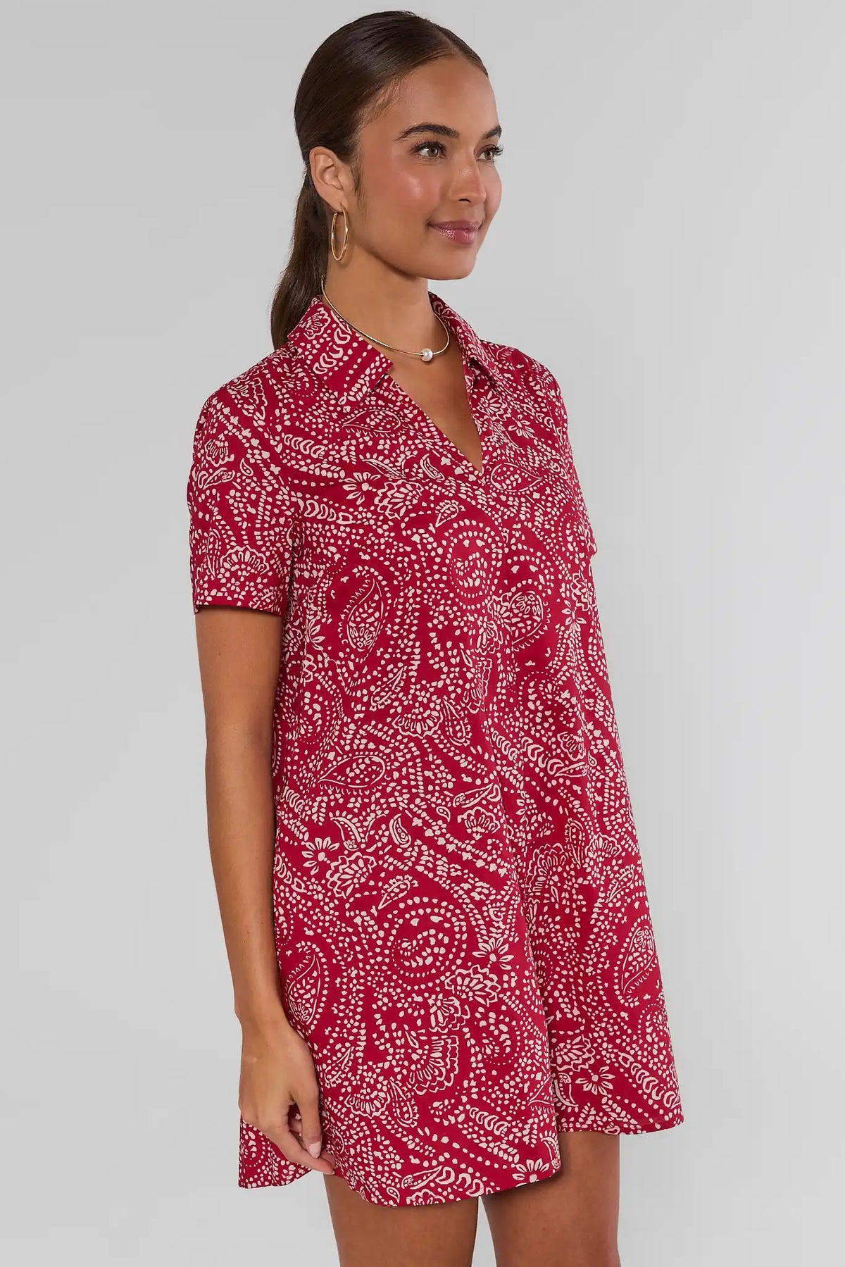 Tia Red Bandana Print Collared Short Dress, side angle view showing A-line silhouette | Avara