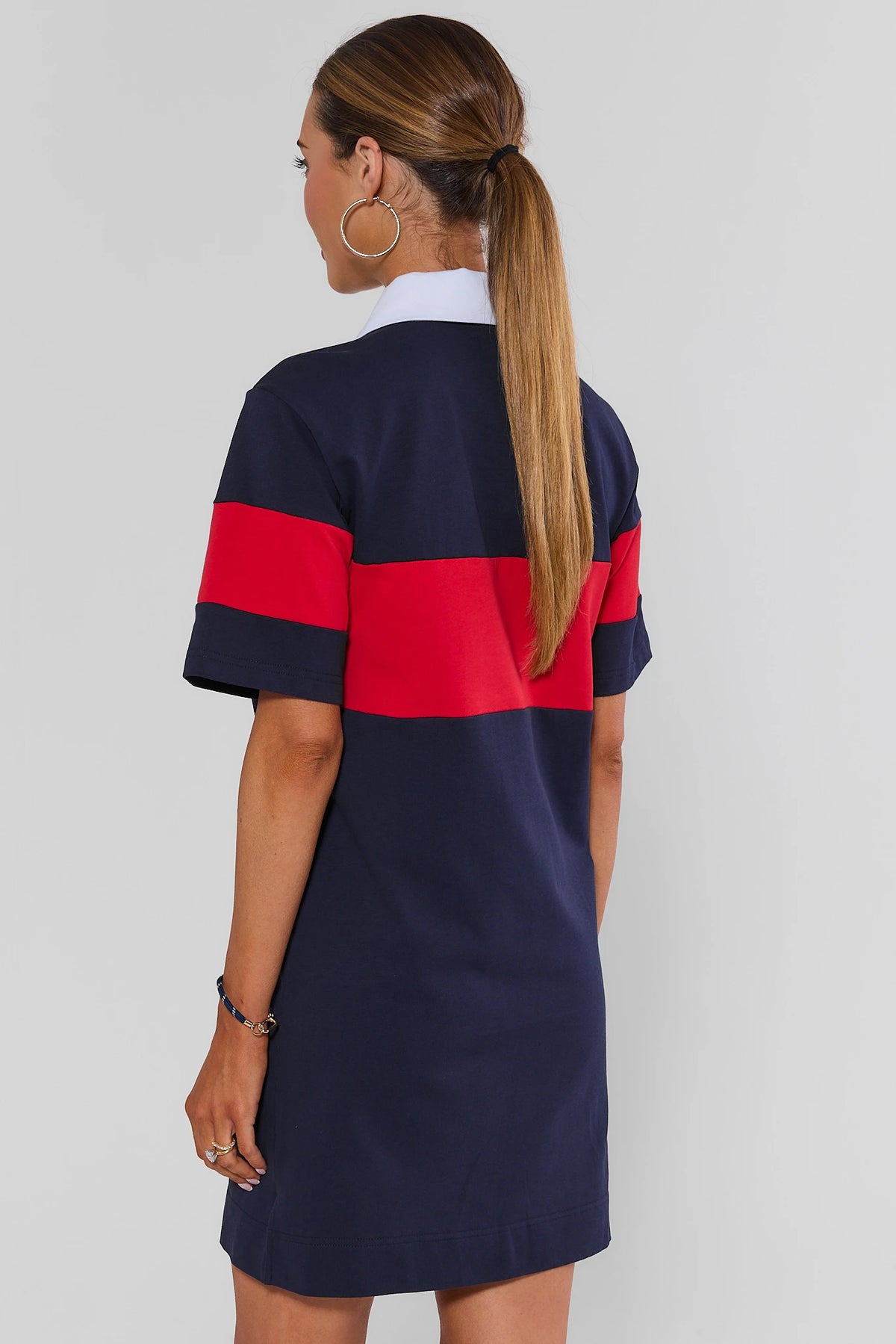 Navy Stripe Short Polo Dress with red horizontal stripe and white collar - Back View | Avara