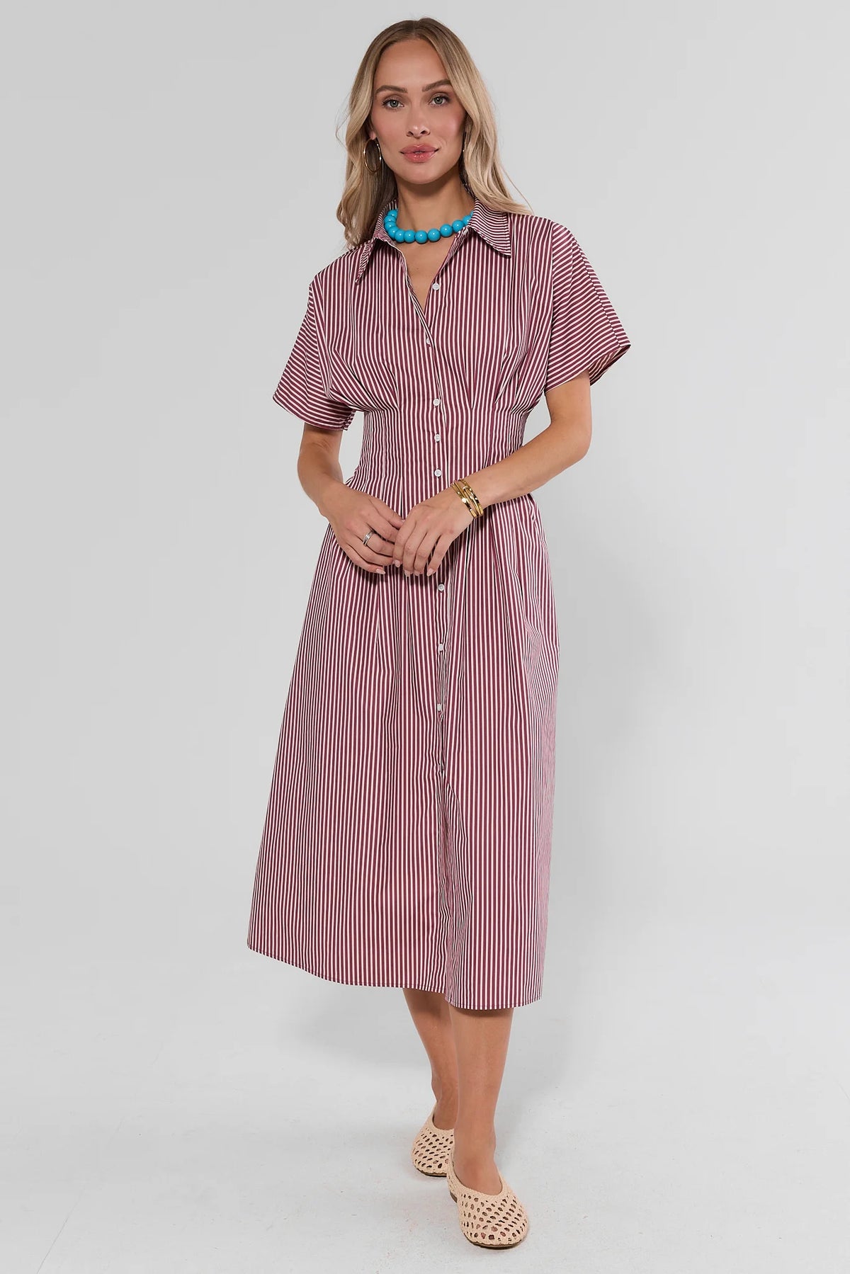 Olivia Red Striped Button Up Maxi Dress, full-length front view styled with woven flats and turquoise necklace | Avara