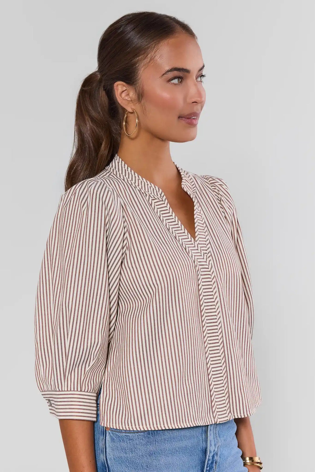 Thea Brown Striped Puff Sleeve Top - Side Profile View, women's cute top for brunch | Avara