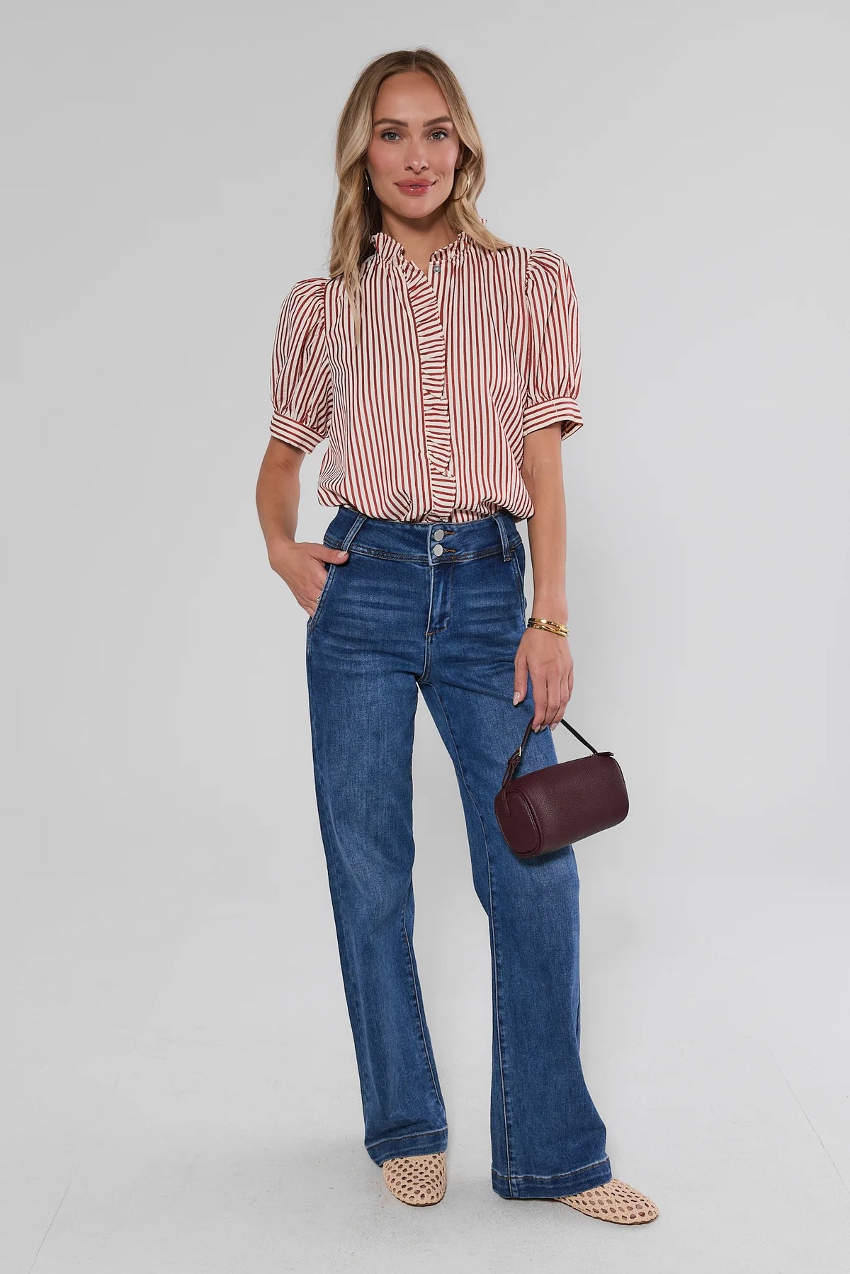 Jules Red Stripe Puff Sleeve Top styled with wide-leg jeans and burgundy mini bag - Full Length View | Avara