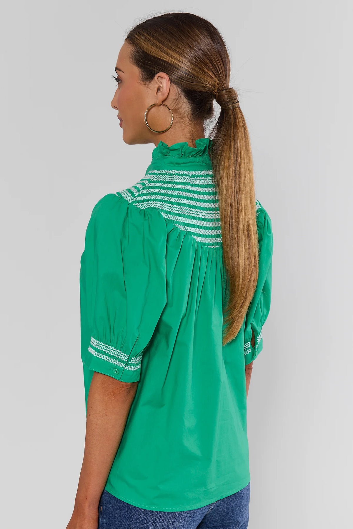 Yvonne Green and White Embroidered Top by Fate - Back View showing embroidered yoke detail and gathered silhouette | Avara
