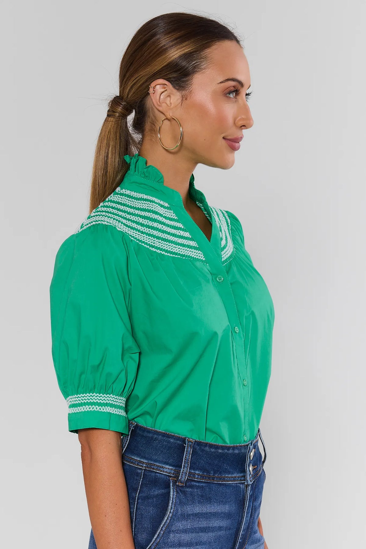 Yvonne Green and White Embroidered Top by Fate - Side Profile View showing puff sleeve and embroidered cuff detail | Avara
