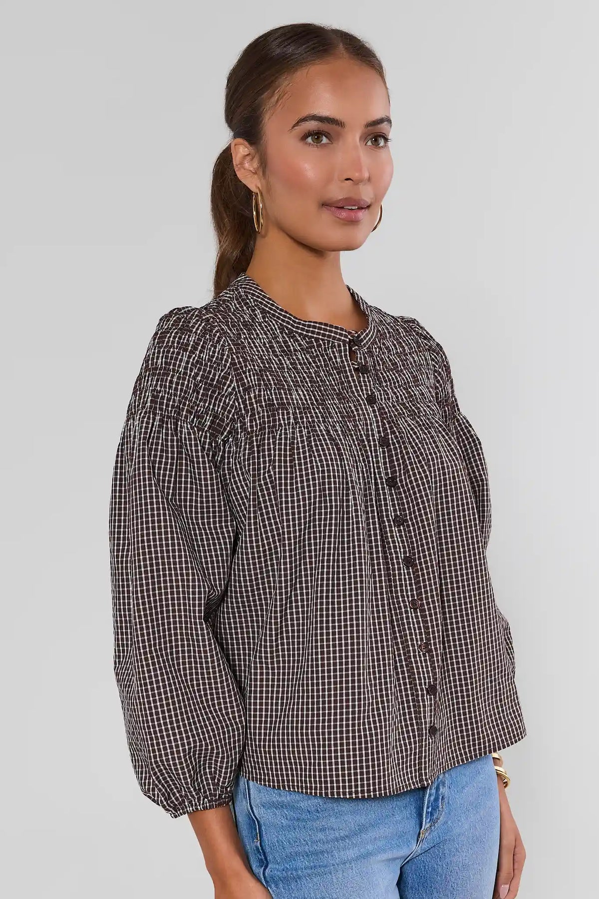 Reese Brown Windowpane Plaid Smocked Top - Side Profile View, puff-sleeve button-front modest women's top showing smocked yoke detail | Avara