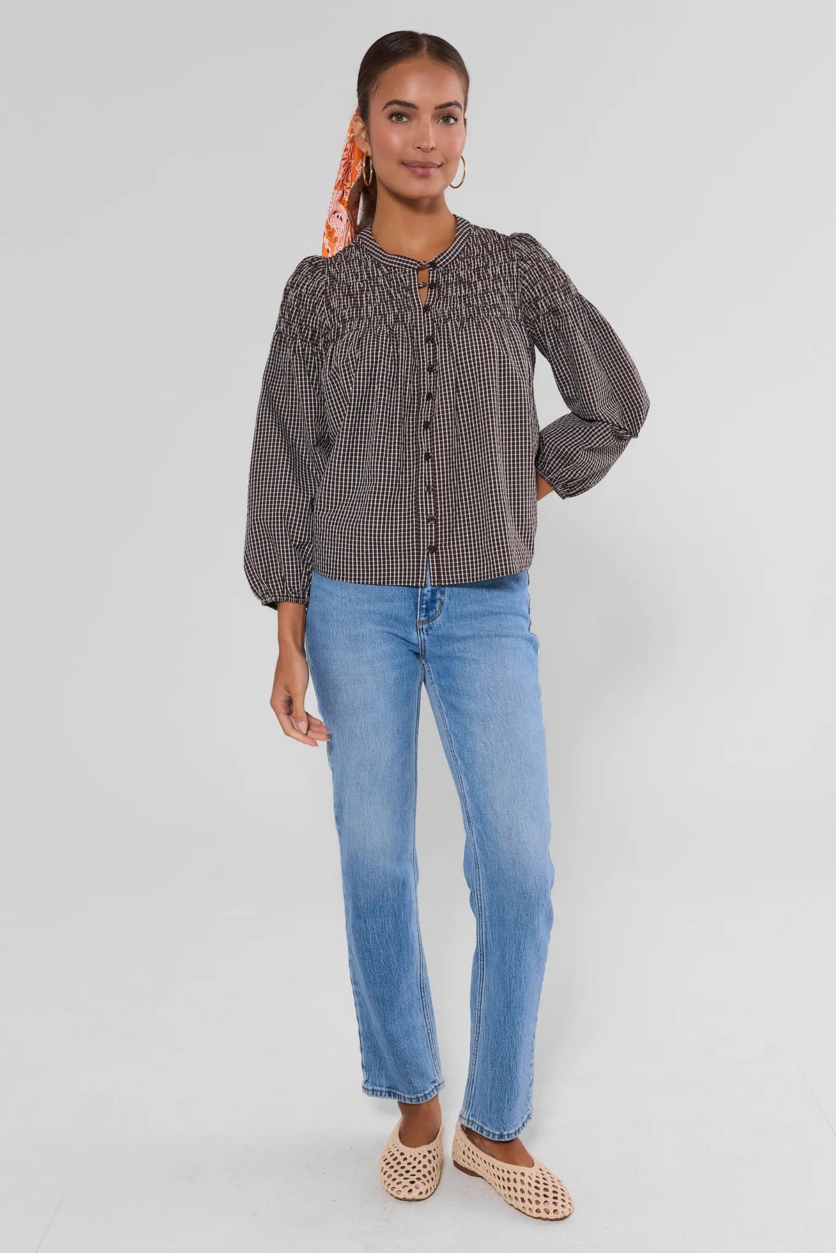 Reese Brown Windowpane Plaid Smocked Top - Full-Length Front View, modest women's plaid smocked blouse with jeans and woven flats | Avara