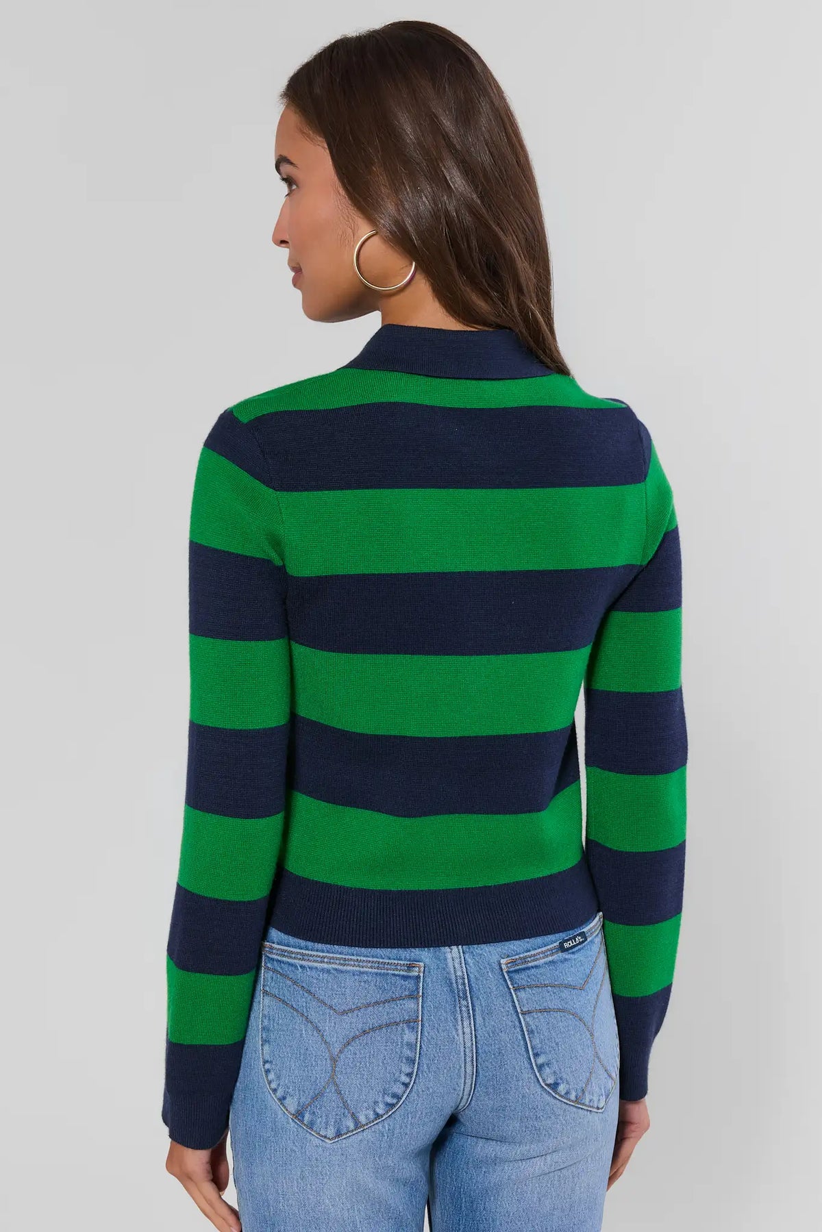 Amelia Green Striped Button-Up Sweater back view showing full stripe pattern and ribbed hem with light wash jeans | Avara
