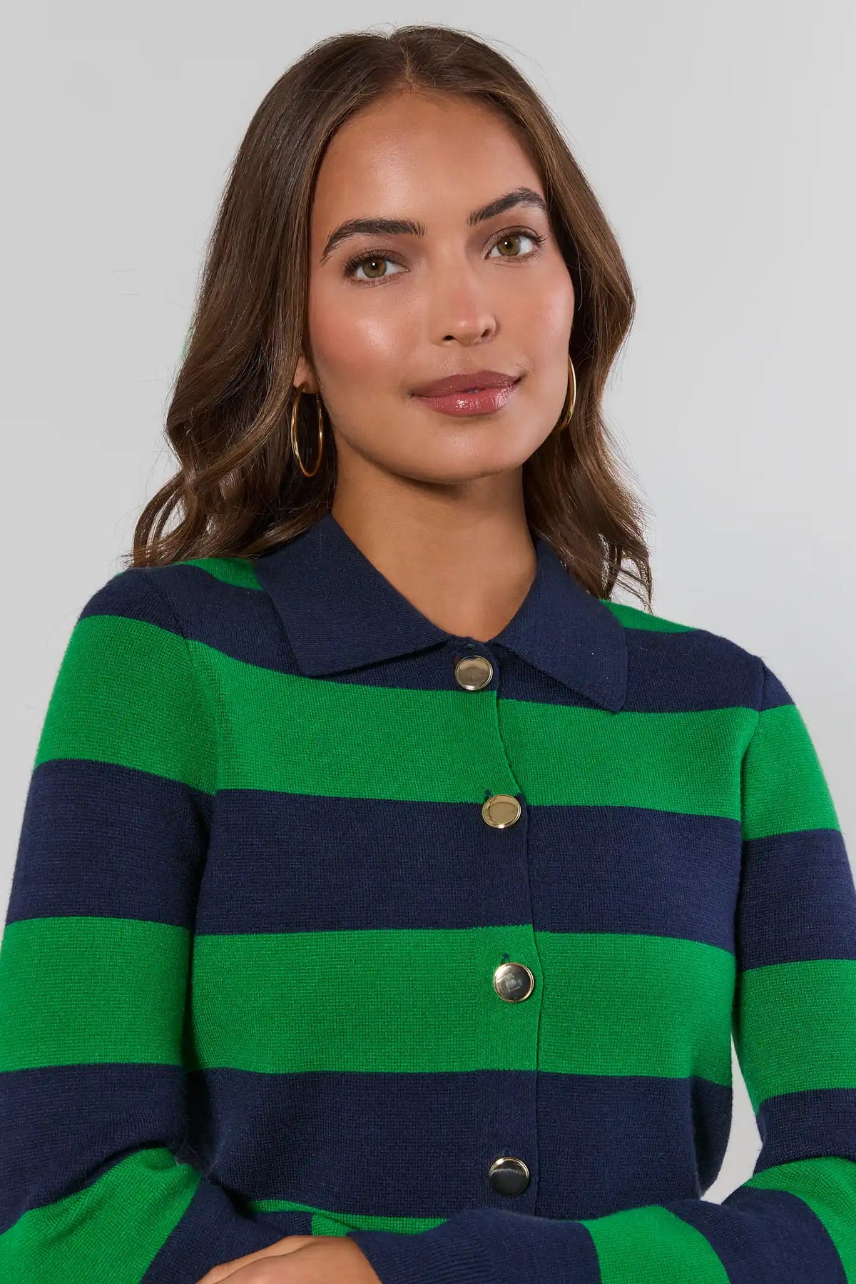 Amelia Green Striped Button-Up Sweater close-up showing polo collar and gold button detail - Neckline Detail | Avara