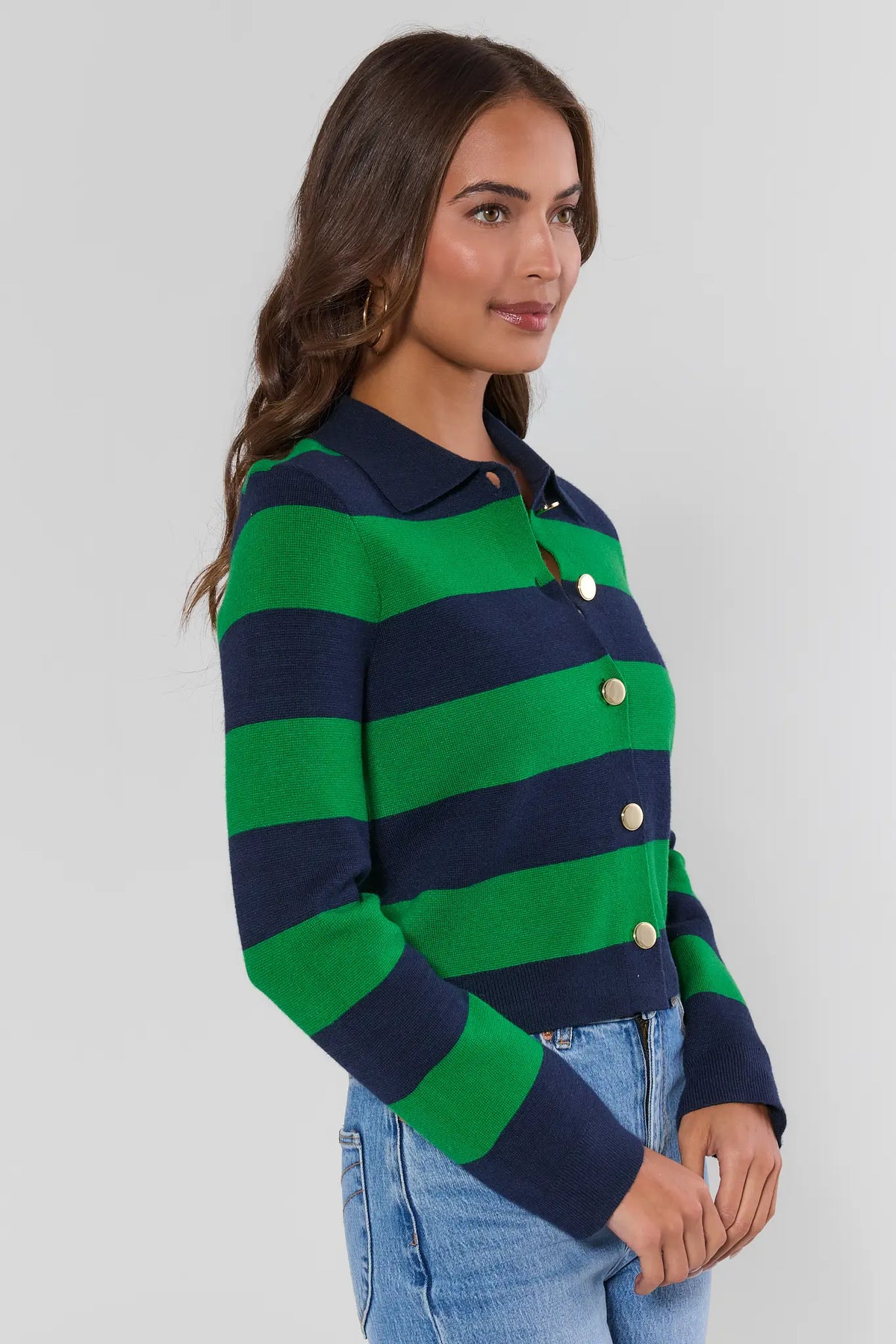 Amelia Green Navy Striped Button-Up Sweater showing clean horizontal stripe knit construction - Side Profile View | Avara