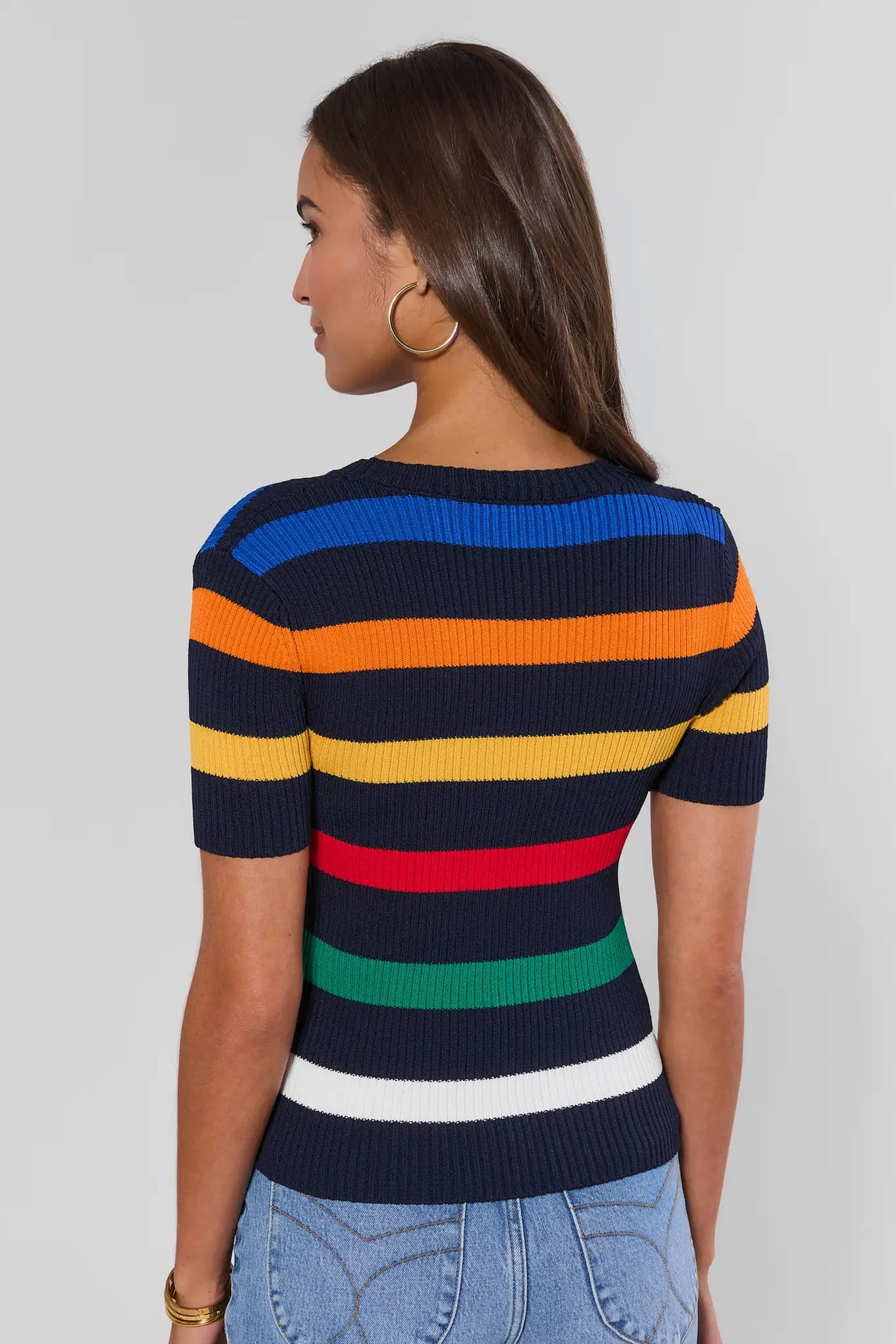 Multi-striped ribbed knit top in navy with blue, orange, yellow, red, green stripes - Back View, short-sleeve fit | Avara