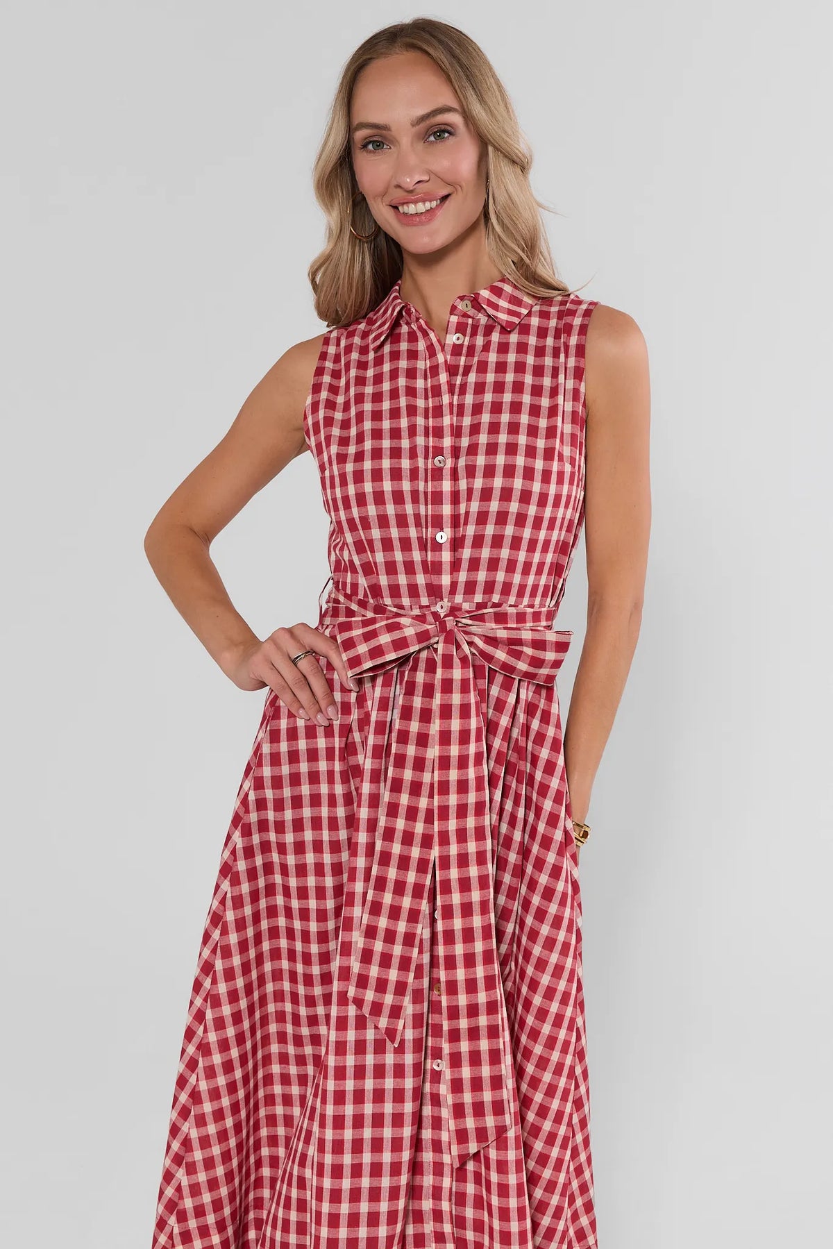 Red Gingham Midi Dress - On Model Front Three-Quarter Close-Up with Tie Waist Detail | Avara