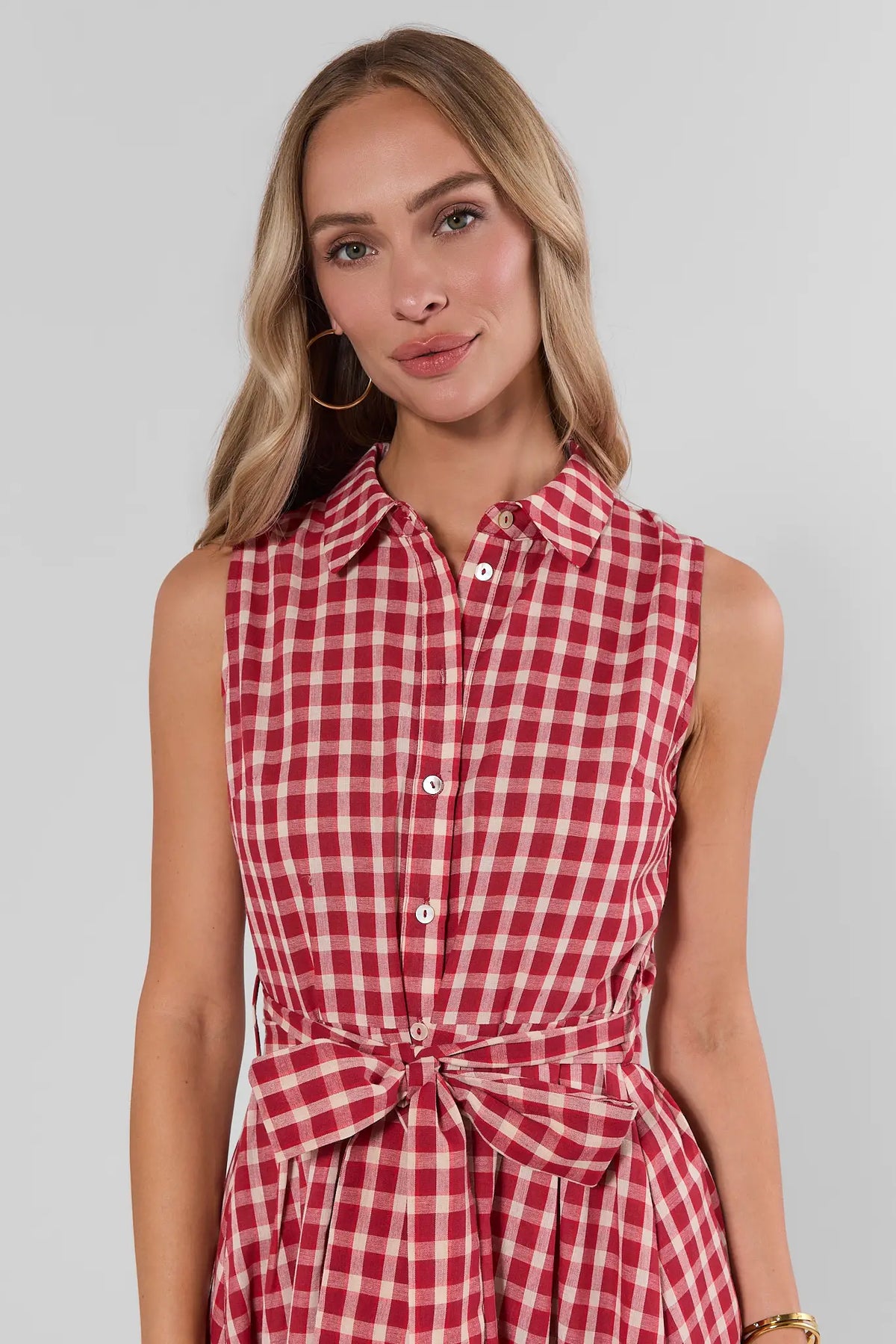 Red Gingham Midi Dress - Collar and Button-Front Neckline Close-Up Detail | Avara