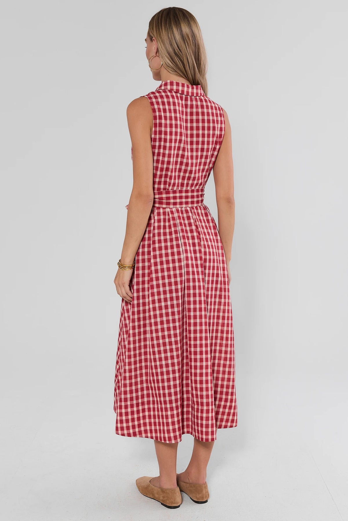 Red Gingham Midi Dress - On Model Full-Length Back View Showing Flowing Midi Silhouette | Avara