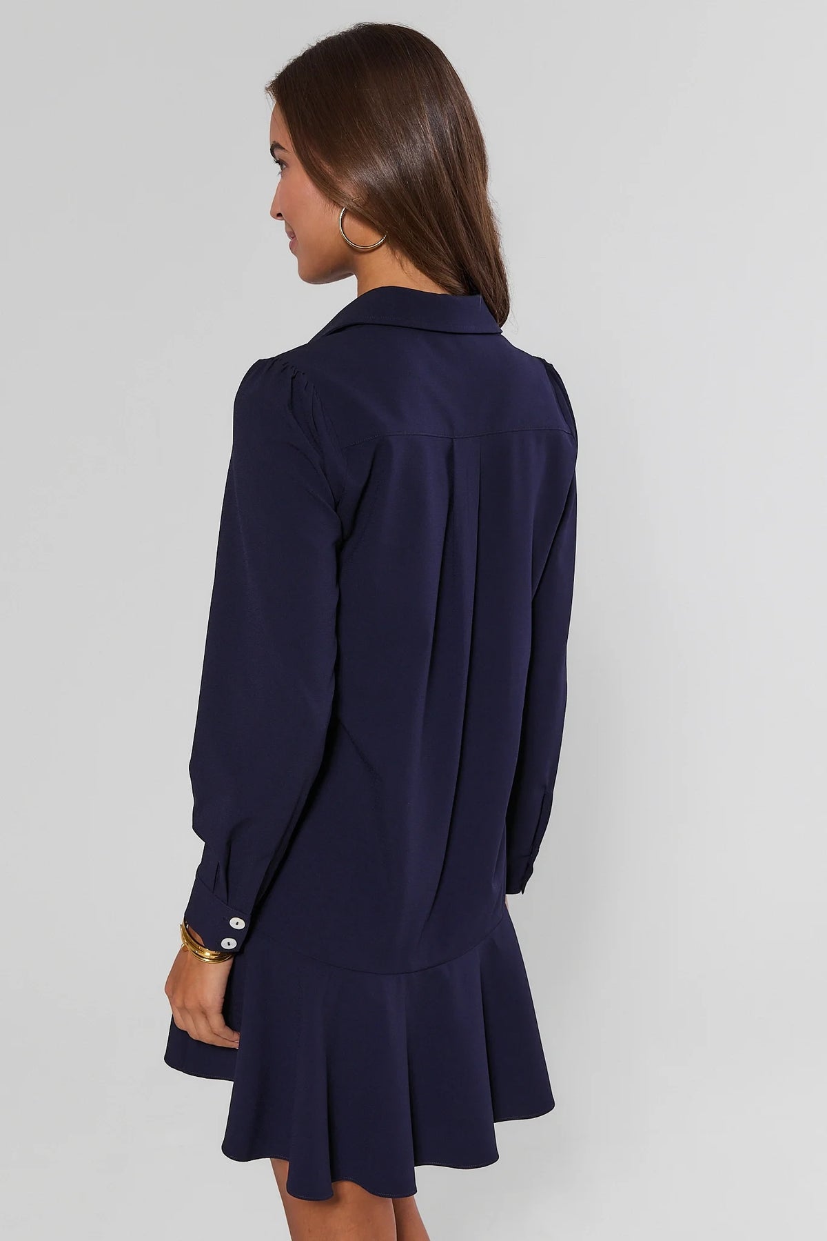 Navy Drop Waist Dress Pleated Back Detail Button Cuffs - Back View | Avara