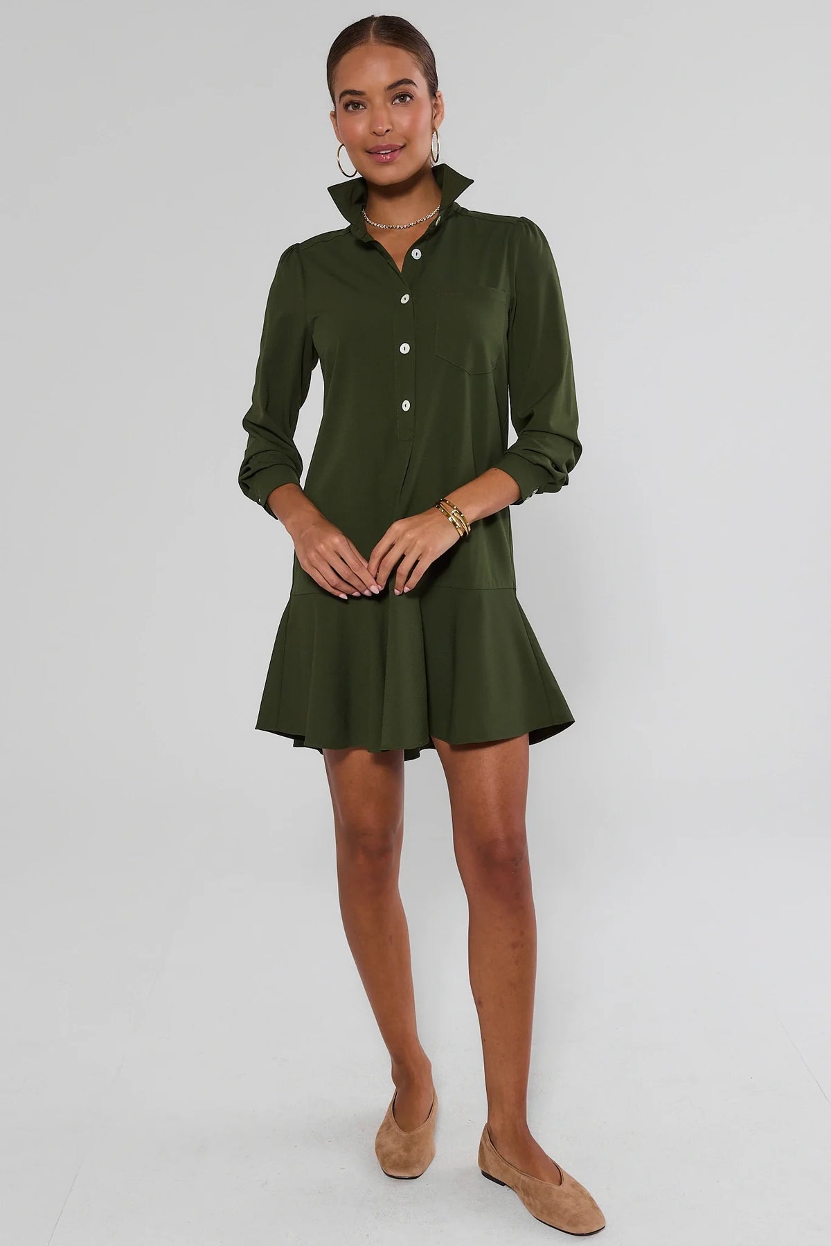 Olive Meagan Drop Waist Dress - Full Length Front View styled with tan flats, flounce hem | Avara