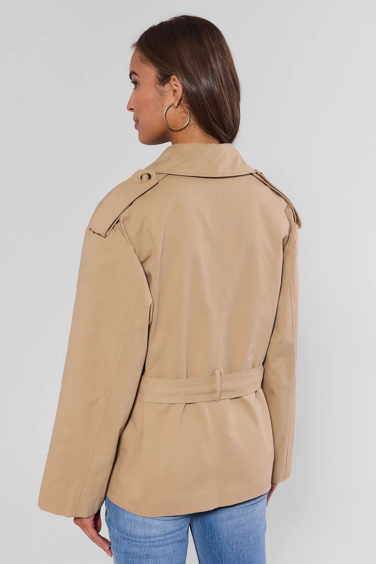 Tan Short Trench Coat with Epaulette and Belted Waist Detail - Back View On Model | Avara