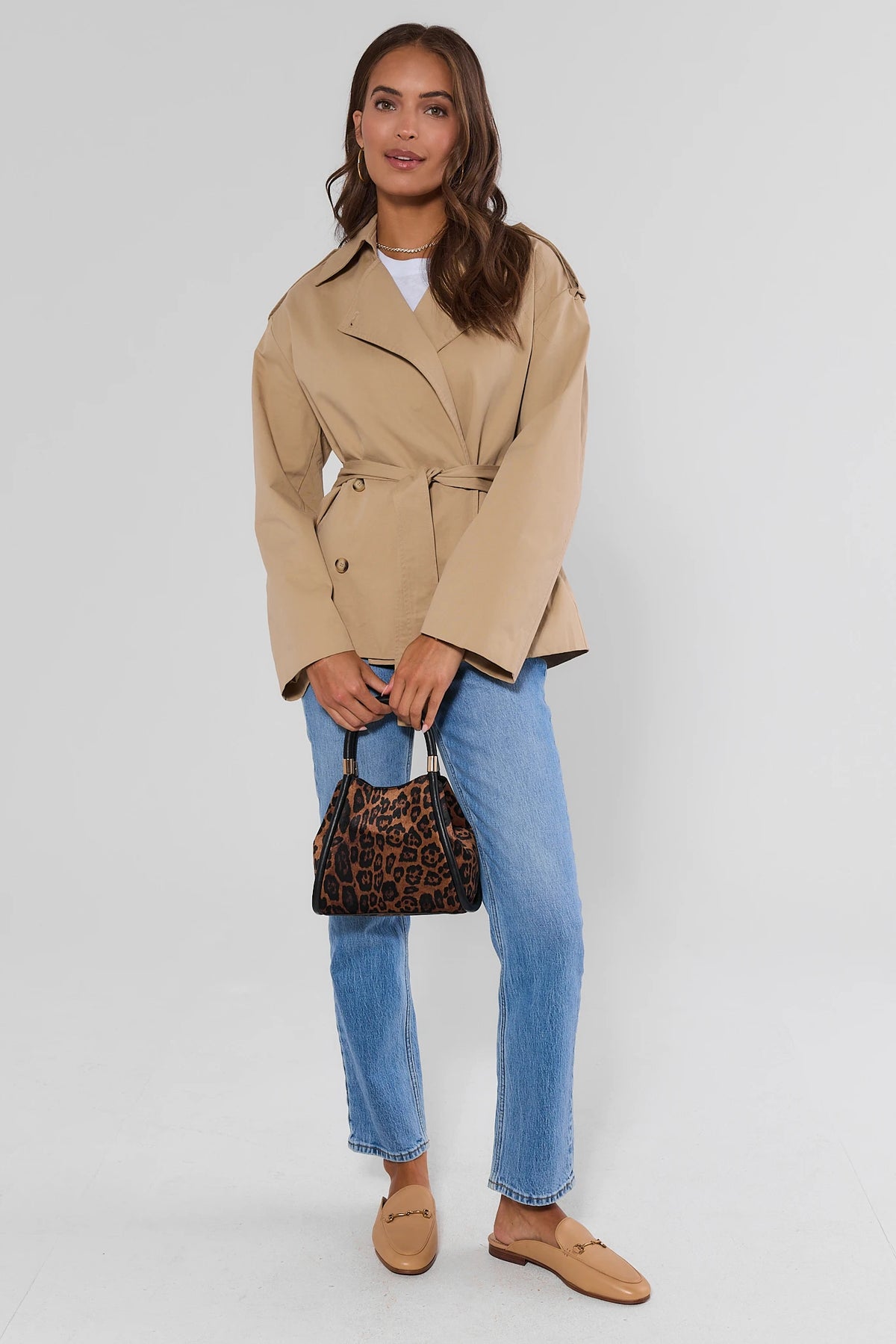 Tan Belted Short Trench Coat styled with jeans and tan loafers - Full Length Styled Look | Avara