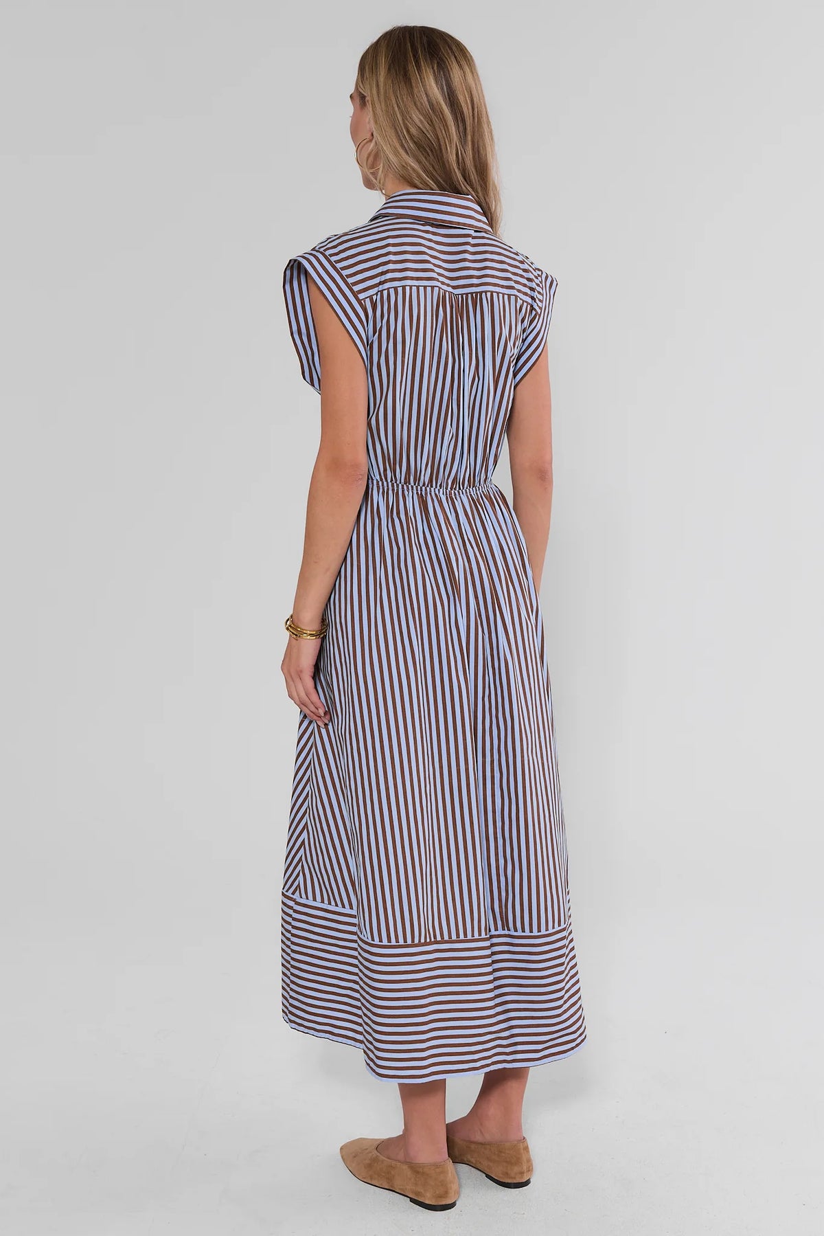 Oakley Brown & Blue Striped Midi Dress back view, gathered waist and ruffled midi hem | Avara